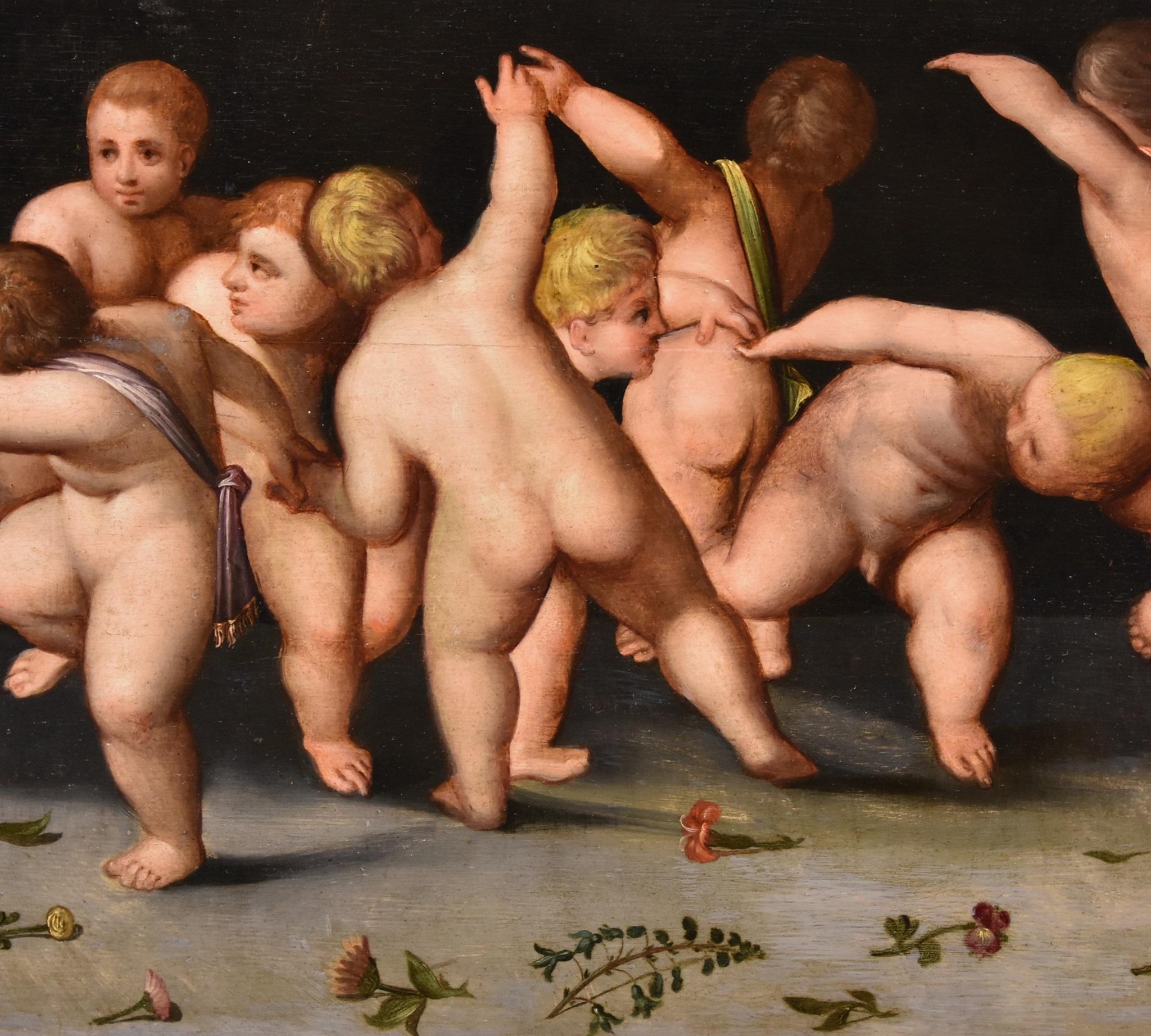 Dance Putti Van Cleve Paint Oil on table 16th Century Flemish Old master Belgium For Sale 1
