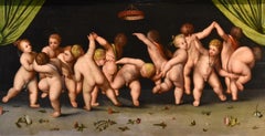 Antique Dance Putti Van Cleve Paint Oil on table 16th Century Flemish Old master Belgium
