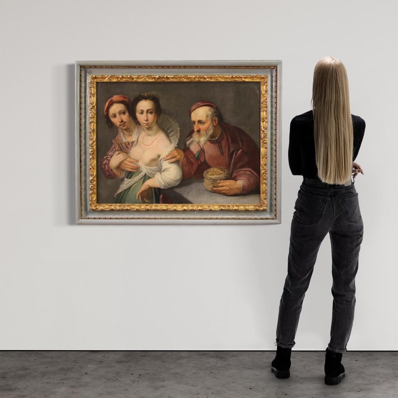 17th Century Oil on Canvas Flemish Antique Painting Love Allegory, 1610 - Figurative Painting Black di Cornelis van Haarlem