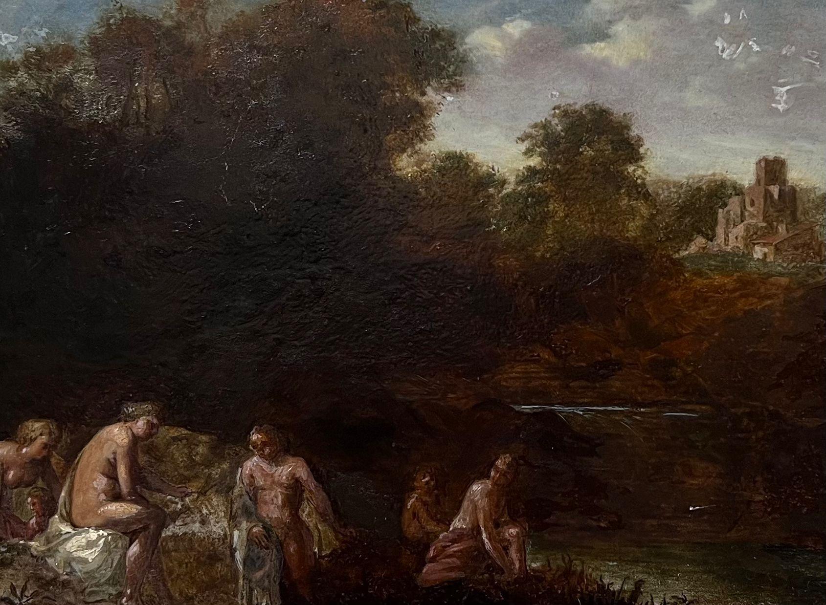 Fine 17th Century Dutch Old Master Oil Bathers by Wooden Pool Carved Wood Frame - Painting by Cornelis van Poelenburgh