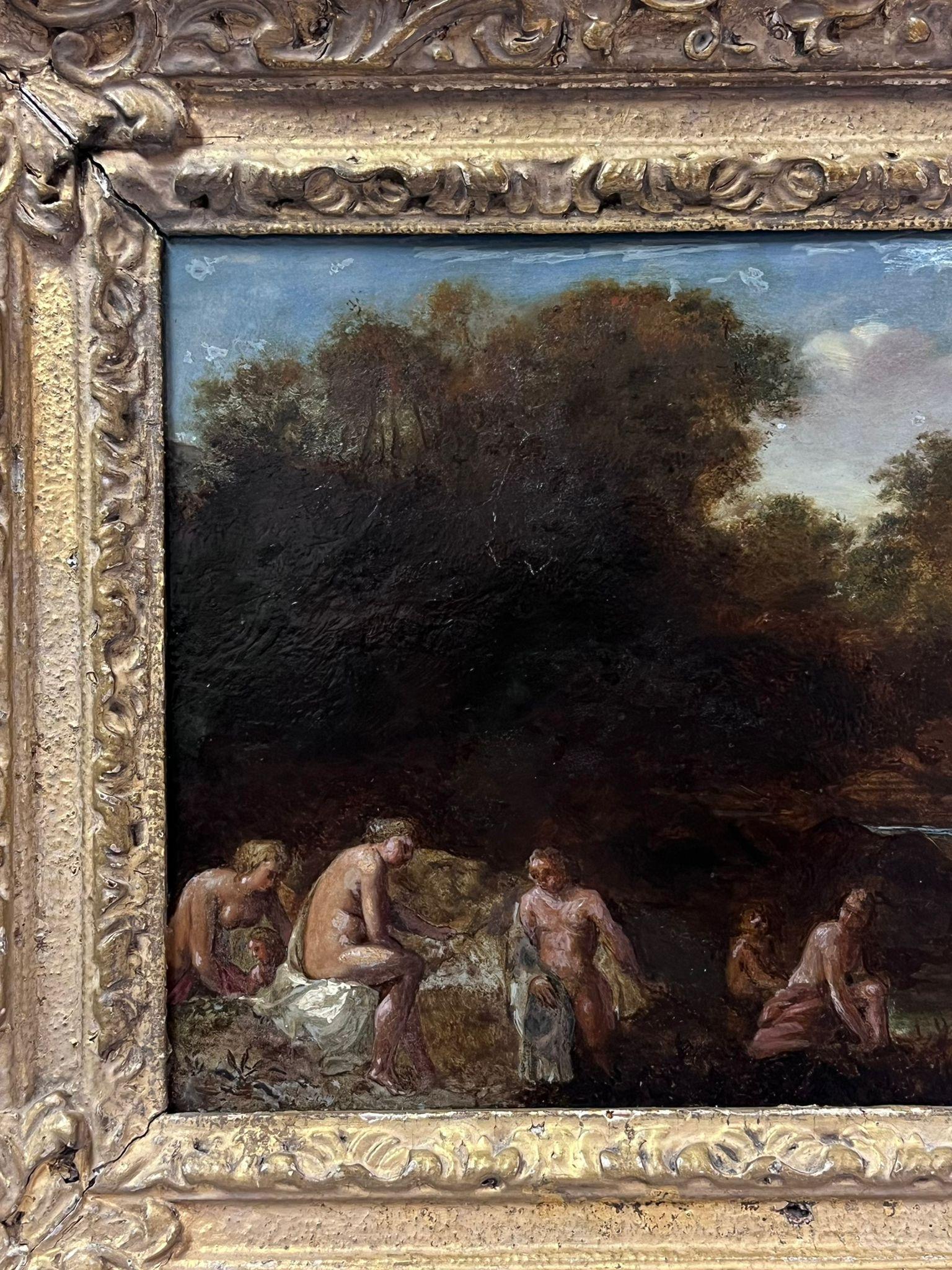 Fine 17th Century Dutch Old Master Oil Bathers by Wooden Pool Carved Wood Frame For Sale 1
