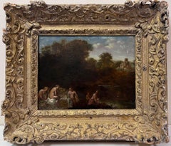 Antique Fine 17th Century Dutch Old Master Oil Bathers by Wooden Pool Carved Wood Frame