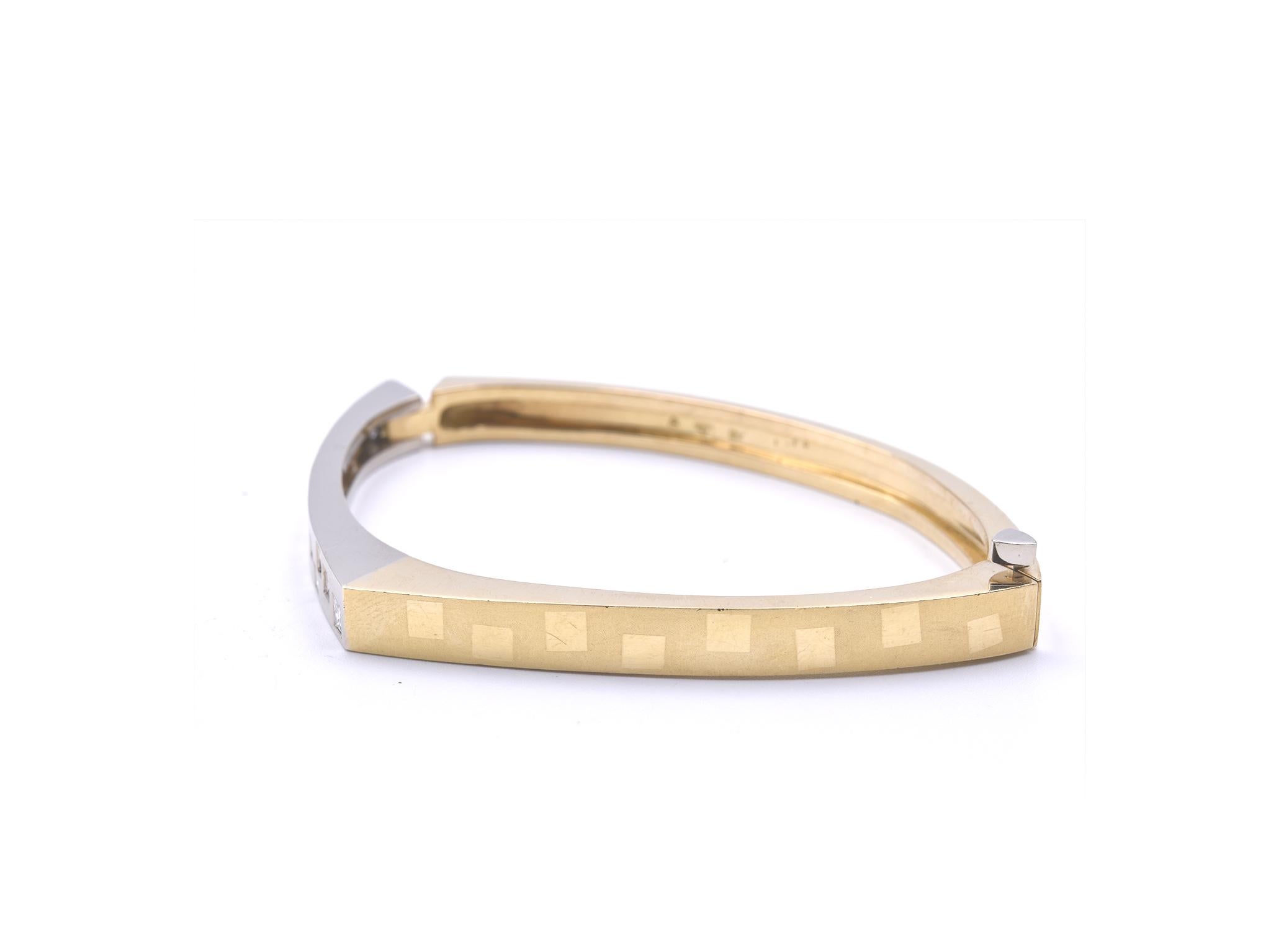 Designer: Cornelius Hollander
Material: 18k yellow gold 
Diamond: 13 princess cut = 1.25cttw
Color: G
Clarity: VS2
Dimensions: bracelet will fit a 7-inch wrist and it is 5.92mm wide
Weight: 43.80 grams