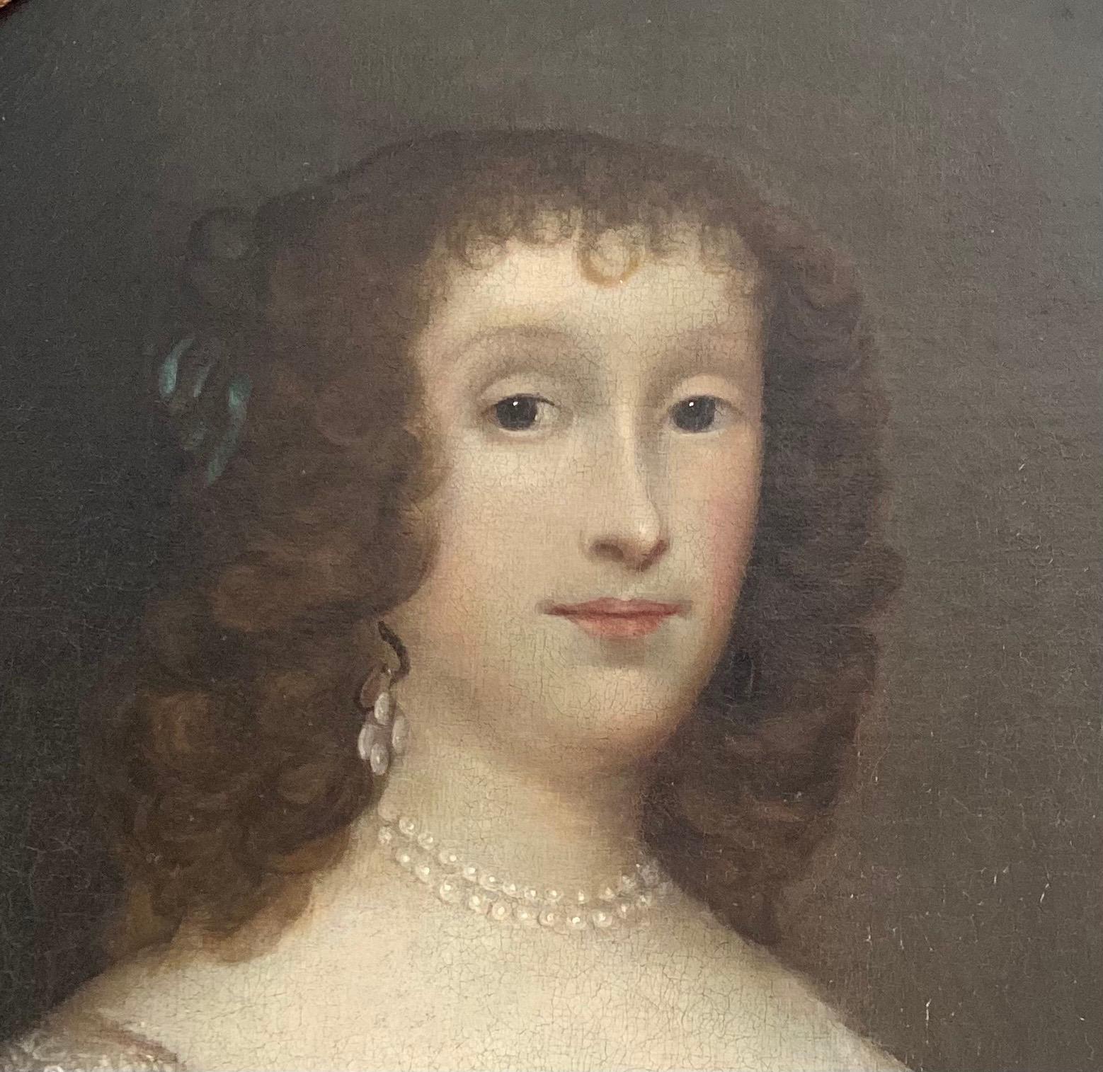 17th century portrait of lady in an ivory silk gown and lace collar - Painting by Cornelius Johnson