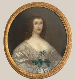 Antique 17th century portrait of lady in an ivory silk gown and lace collar