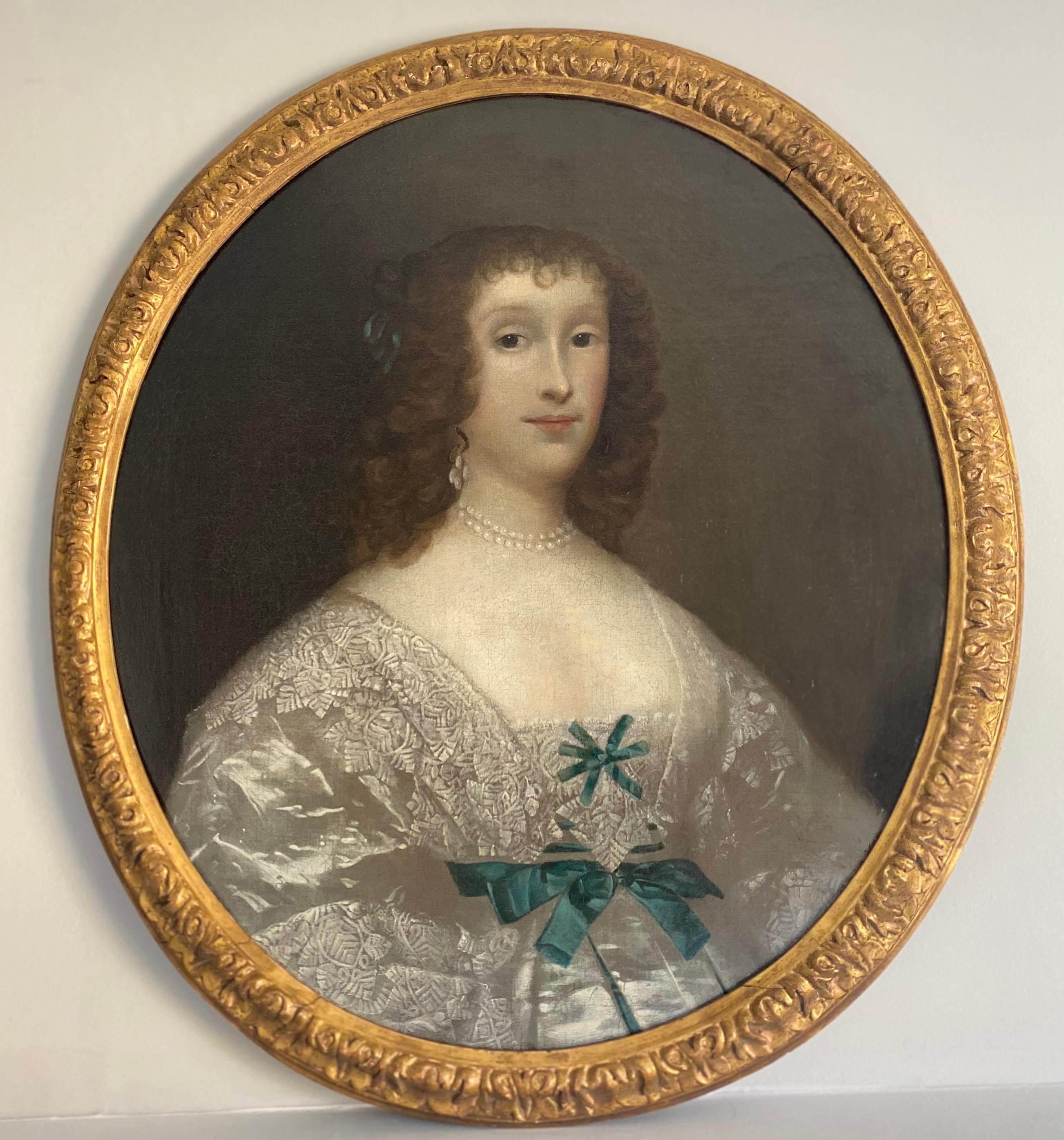 17th century portrait of lady in an ivory silk gown and lace collar