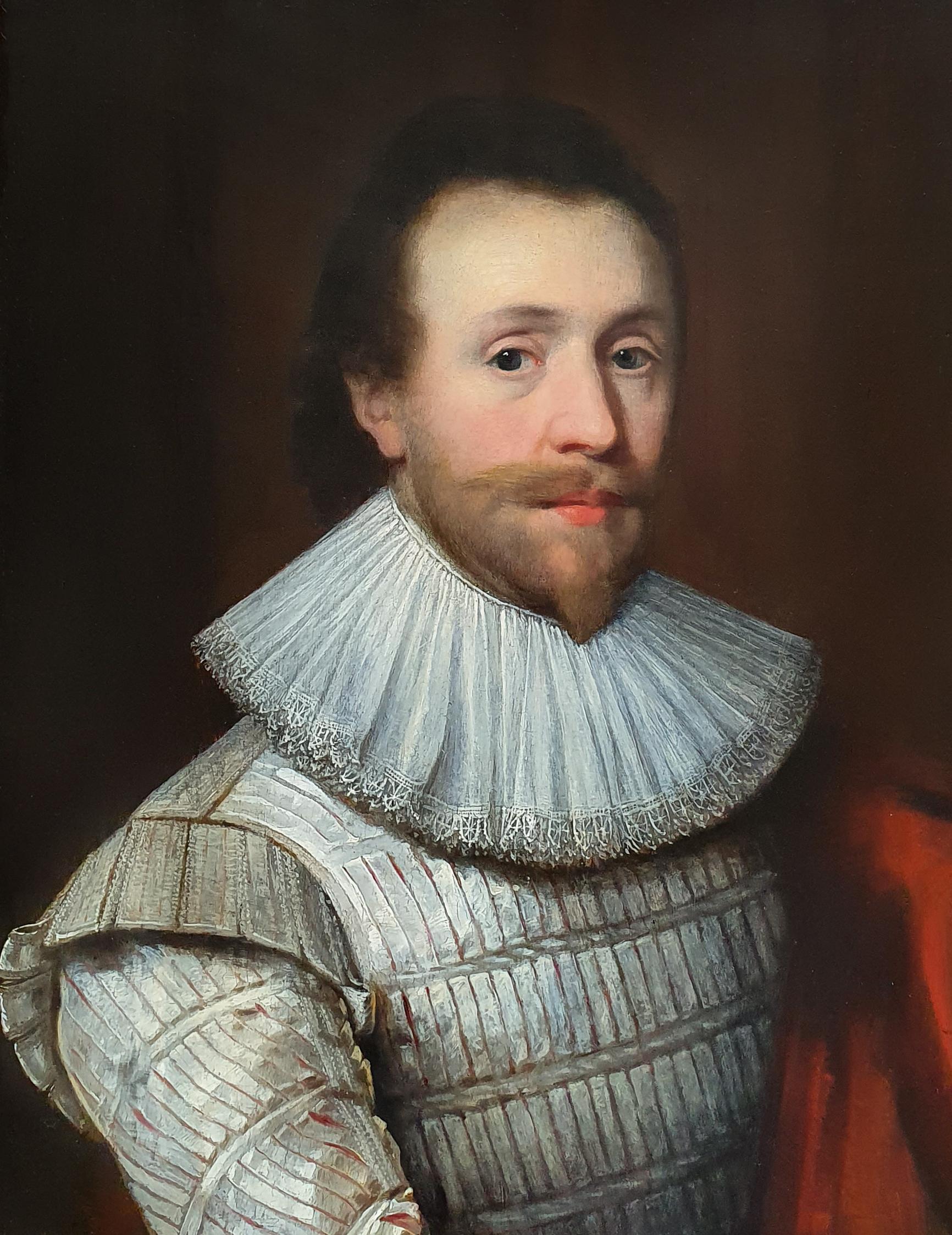 Portrait of a Gentleman in a White Slashed Doublet c.1620, Sir Walter Raleigh - Painting by Cornelius Johnson