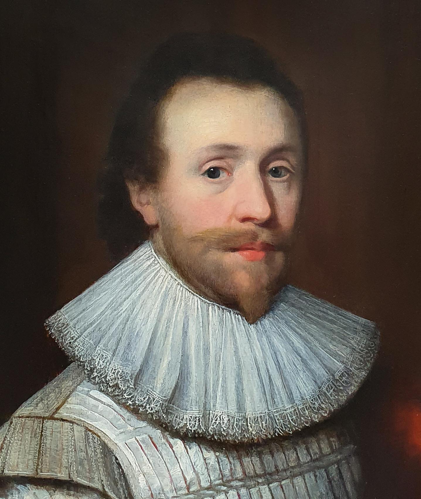 Portrait of a Gentleman in a White Slashed Doublet c.1620, Sir Walter Raleigh - Old Masters Painting by Cornelius Johnson