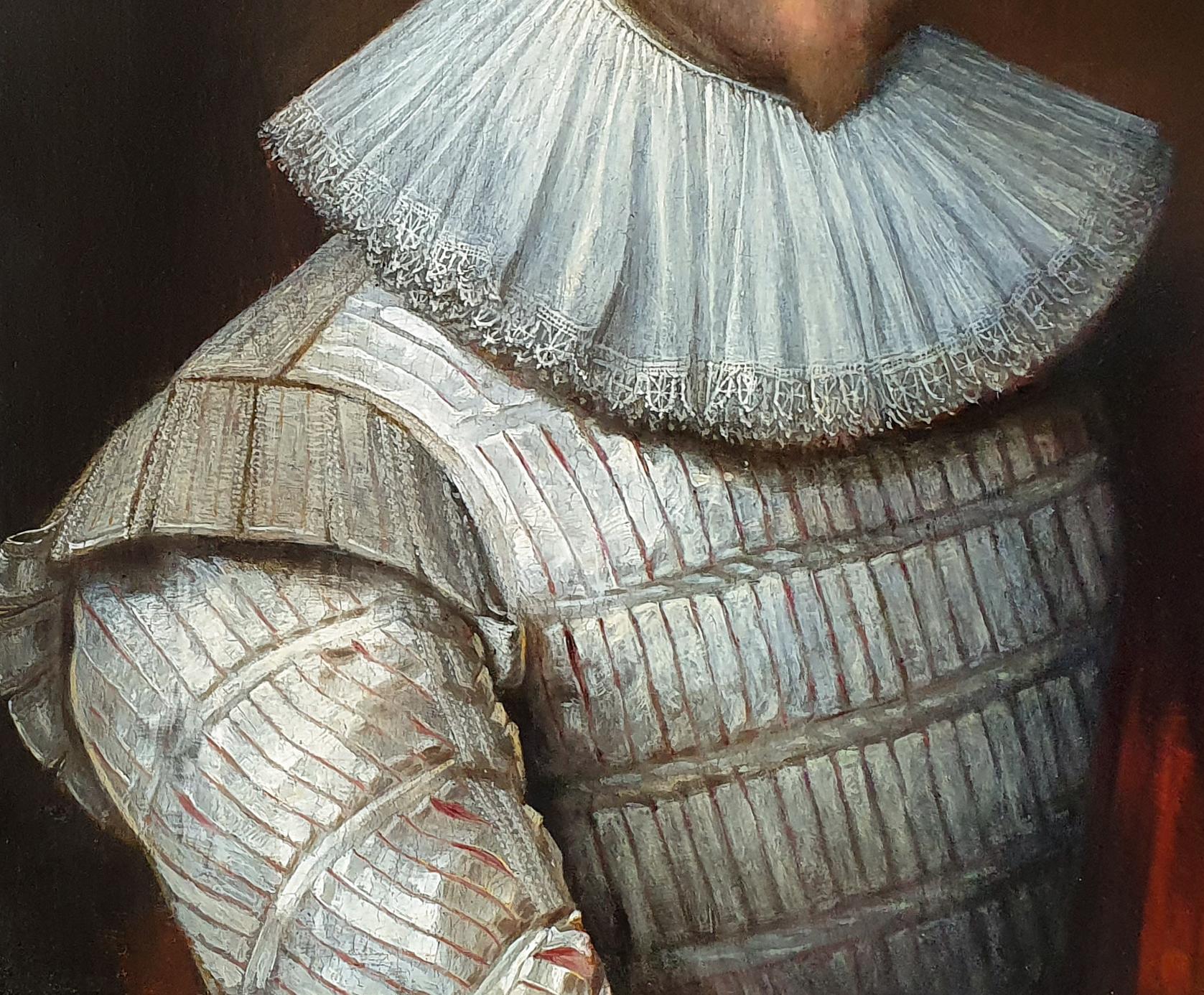 Portrait of a Gentleman in a White Slashed Doublet c.1620, Sir Walter Raleigh - Black Portrait Painting by Cornelius Johnson