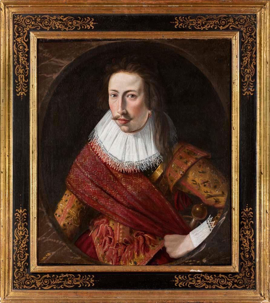 Circolo di Cornelius Johnson
Circa 1620
Ritratto di un ufficiale
Olio su tela
Dimensioni dell'immagine: 28 x 24 pollici
Cornice d'epoca realizzata a mano

Provenienza
Proprietà privata europea

Questo ritratto di grande effetto risale al 1620 circa;