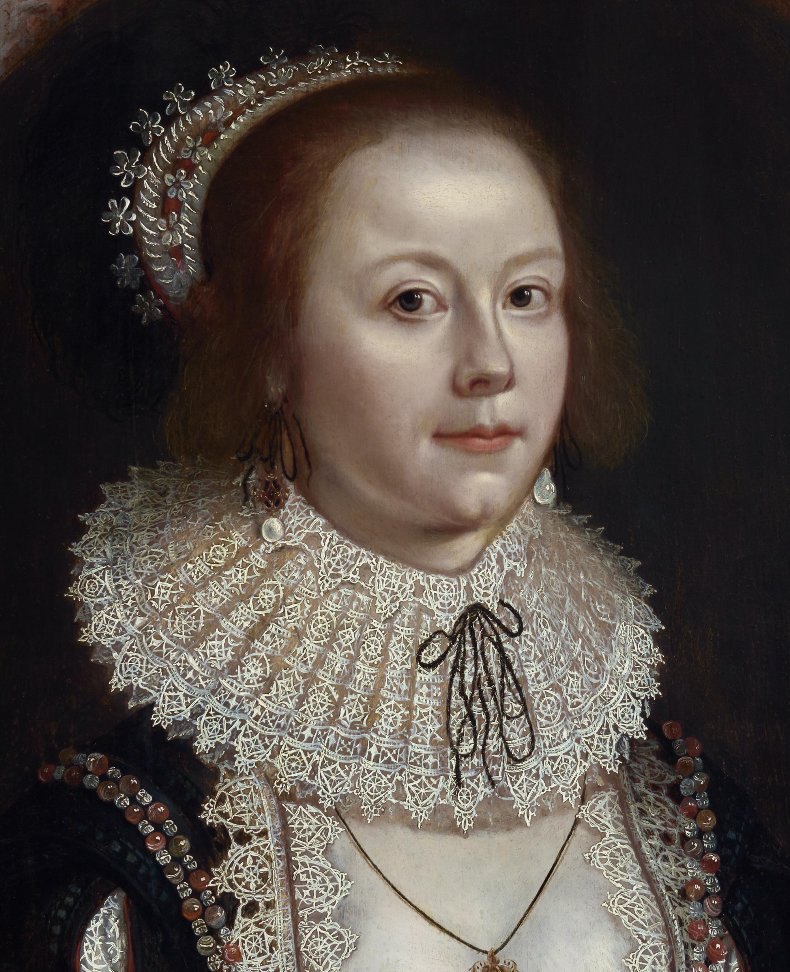 Porträt einer Dame, Mary Hammond in reicher Kleidung, Juwelen, Spitze ca. 1618-22 Historisch im Angebot 8