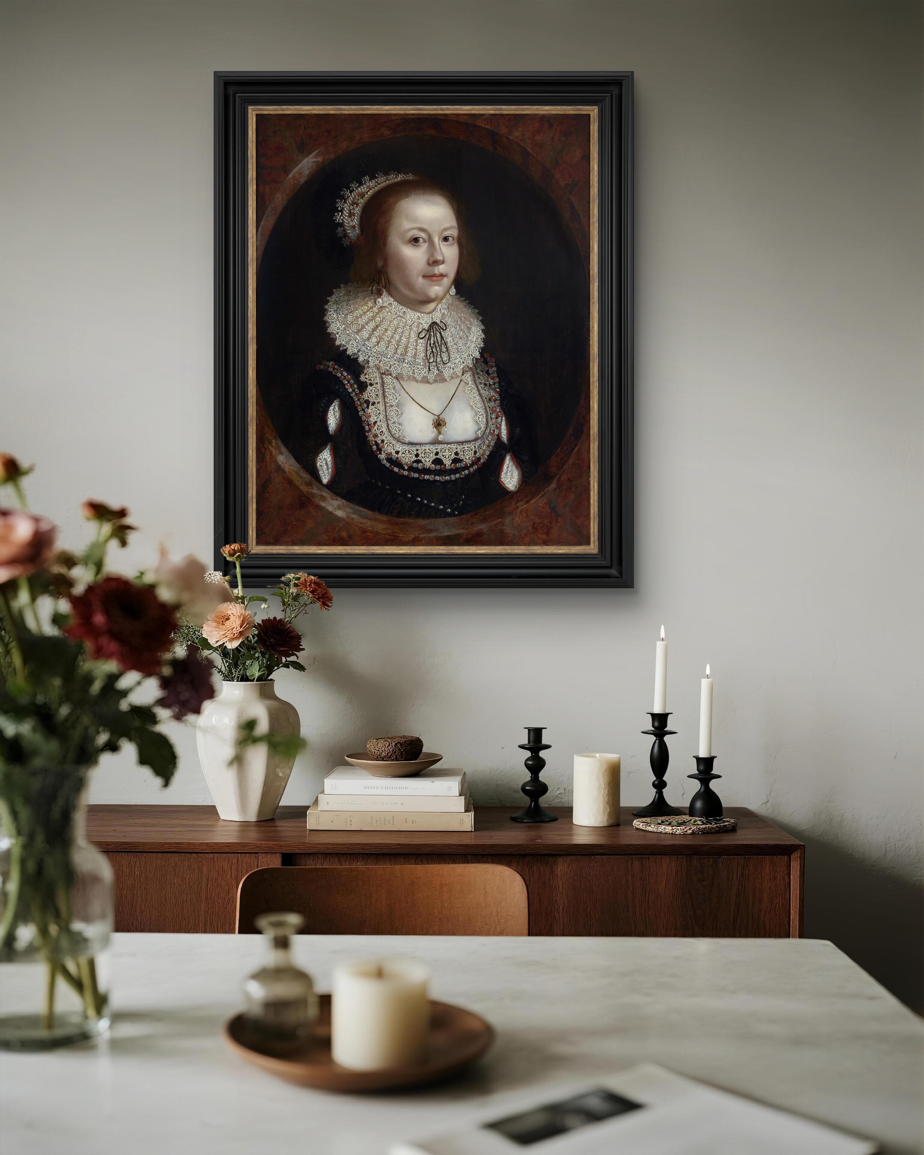 Porträt einer Dame, Mary Hammond in reicher Kleidung, Juwelen, Spitze ca. 1618-22 Historisch (Alte Meister), Art, von Cornelius Johnson