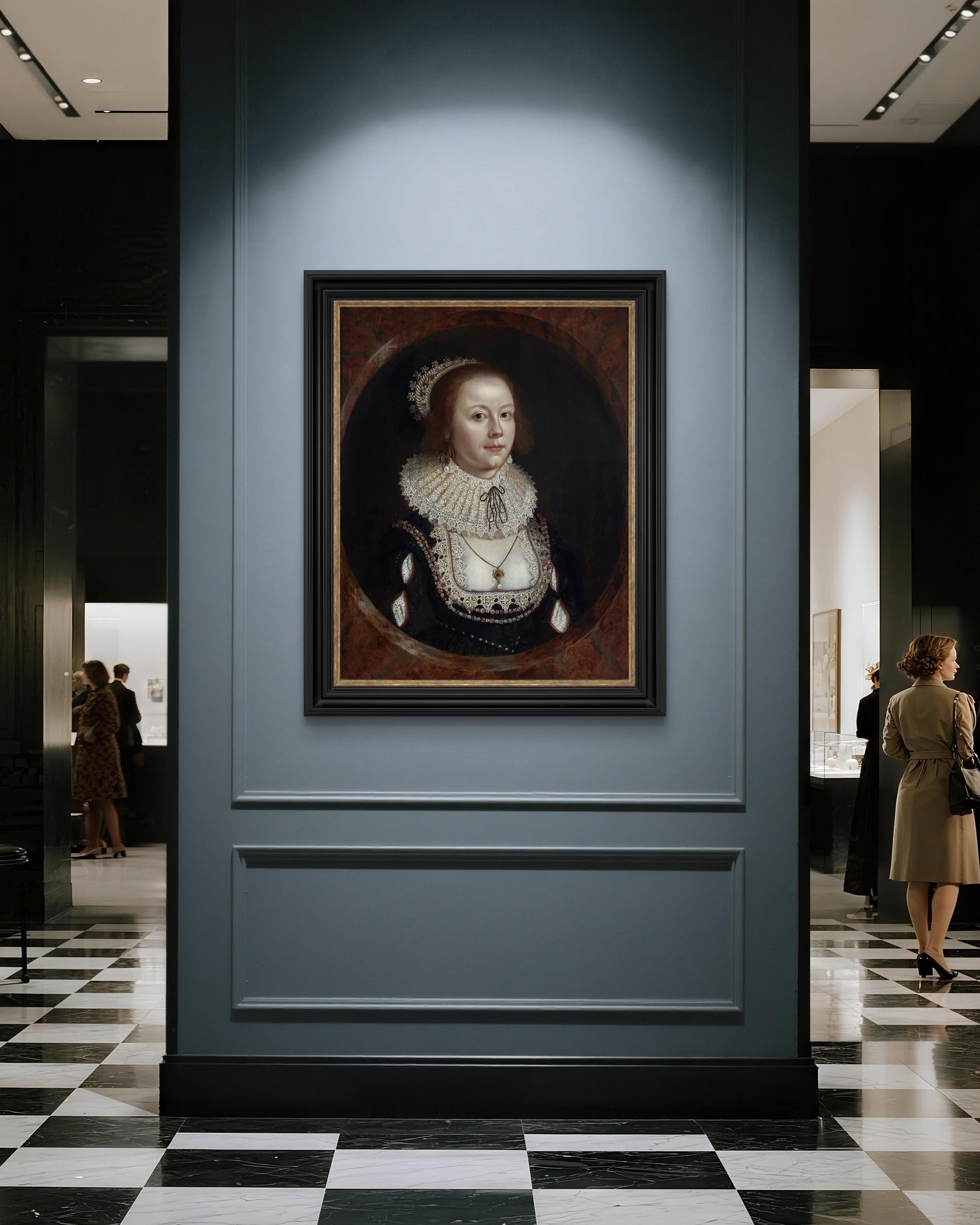 Porträt von Mary Hammond in prächtigem Gewand, Juwelen und Spitzen, um 1618-22
Kreis von Cornelius Johnson (1593-1661)

Dieses von Titan Fine Art präsentierte Damenporträt ist ein exquisites Beispiel für die Porträtmalerei des frühen 17.