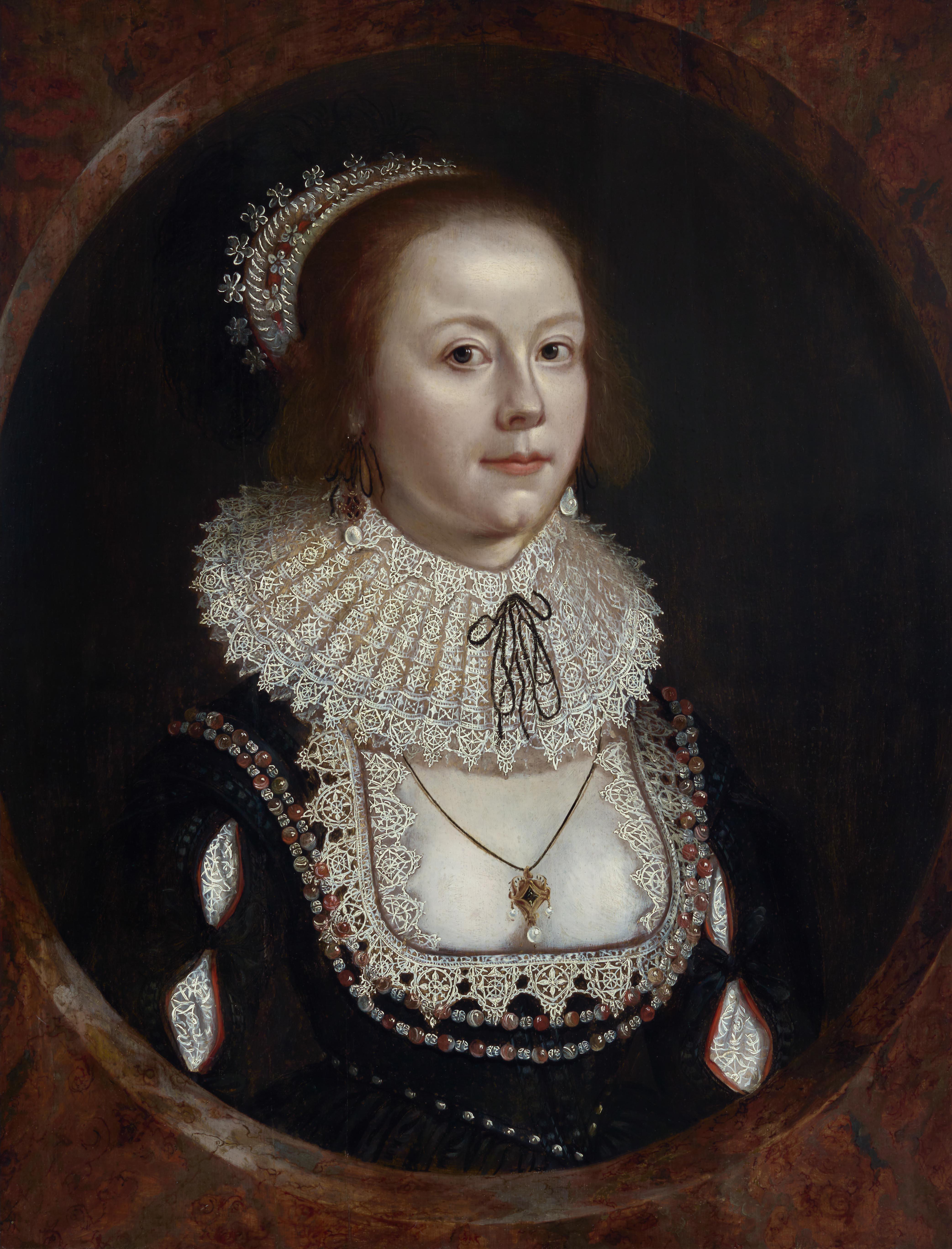 Porträt einer Dame, Mary Hammond in reicher Kleidung, Juwelen, Spitze ca. 1618-22 Historisch im Angebot 3