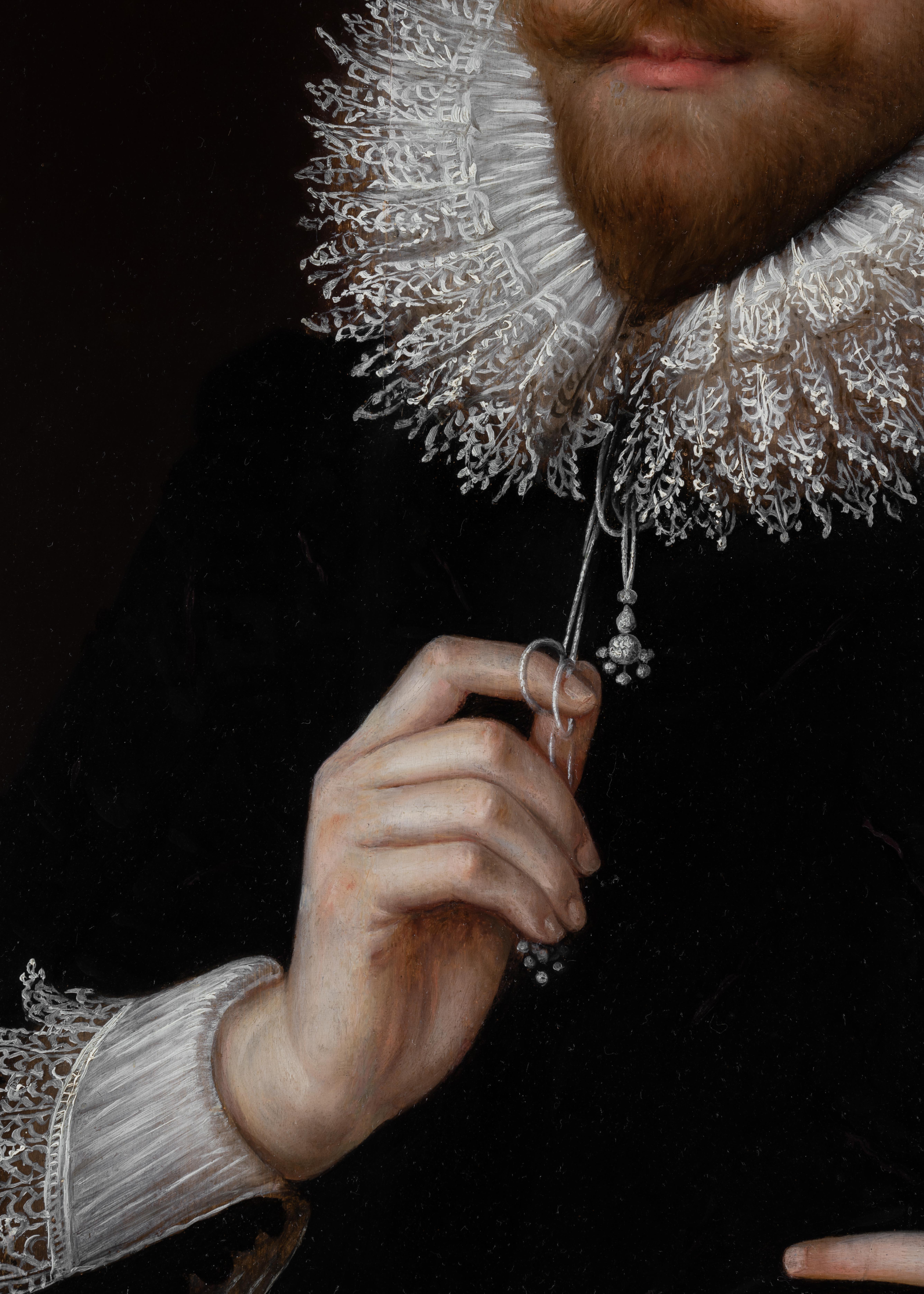 Portrait of Sir Henry Wotton in a Black Doublet & Ruff, Fine & Rare Carved Frame - Painting by Cornelius Johnson
