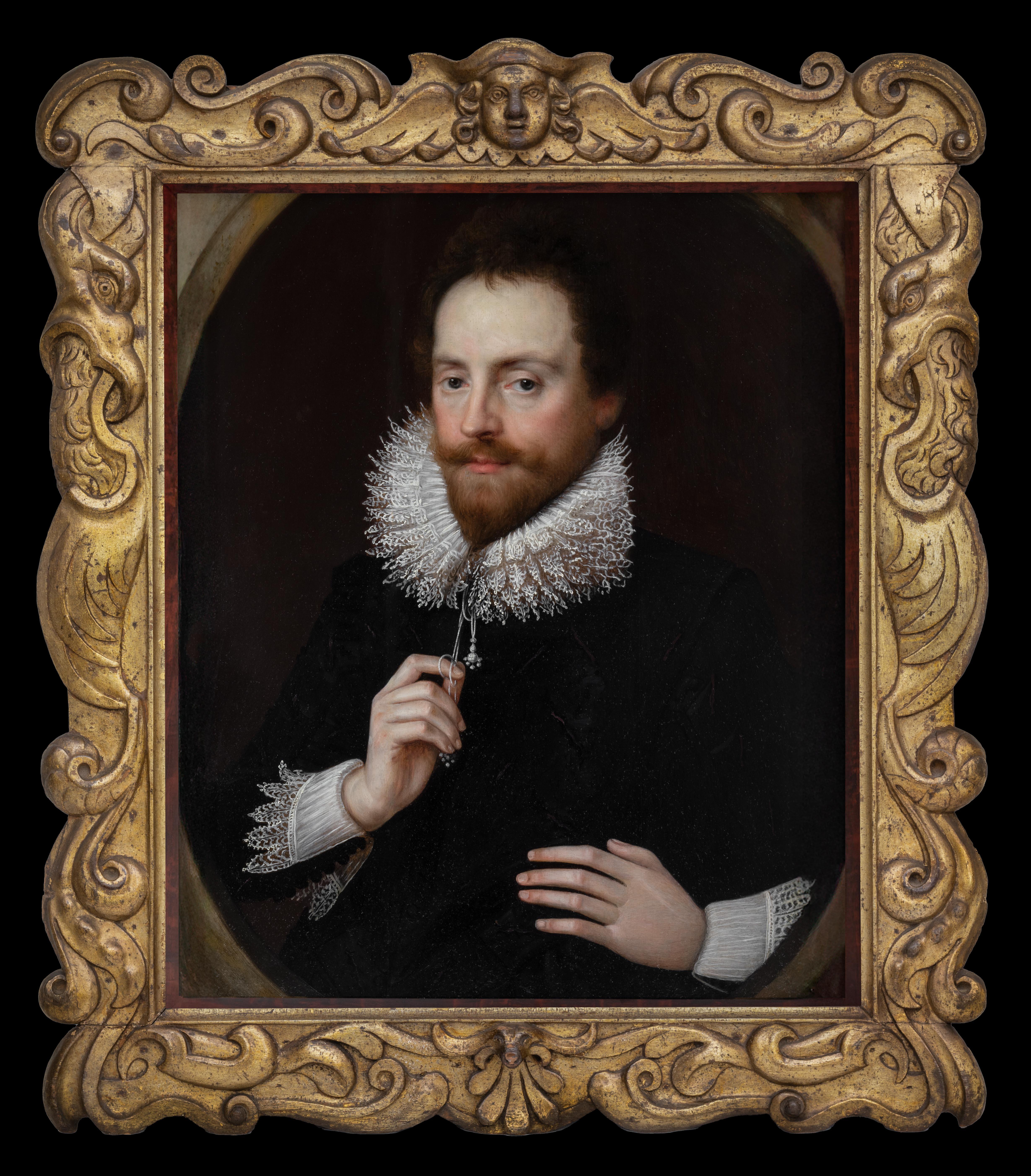 Cornelius Johnson Portrait Painting - Portrait of Sir Henry Wotton in a Black Doublet & Ruff, Fine & Rare Carved Frame