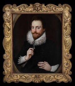 Retrato de Sir Henry Wotton con jubón negro y ruff, marco tallado fino y raro