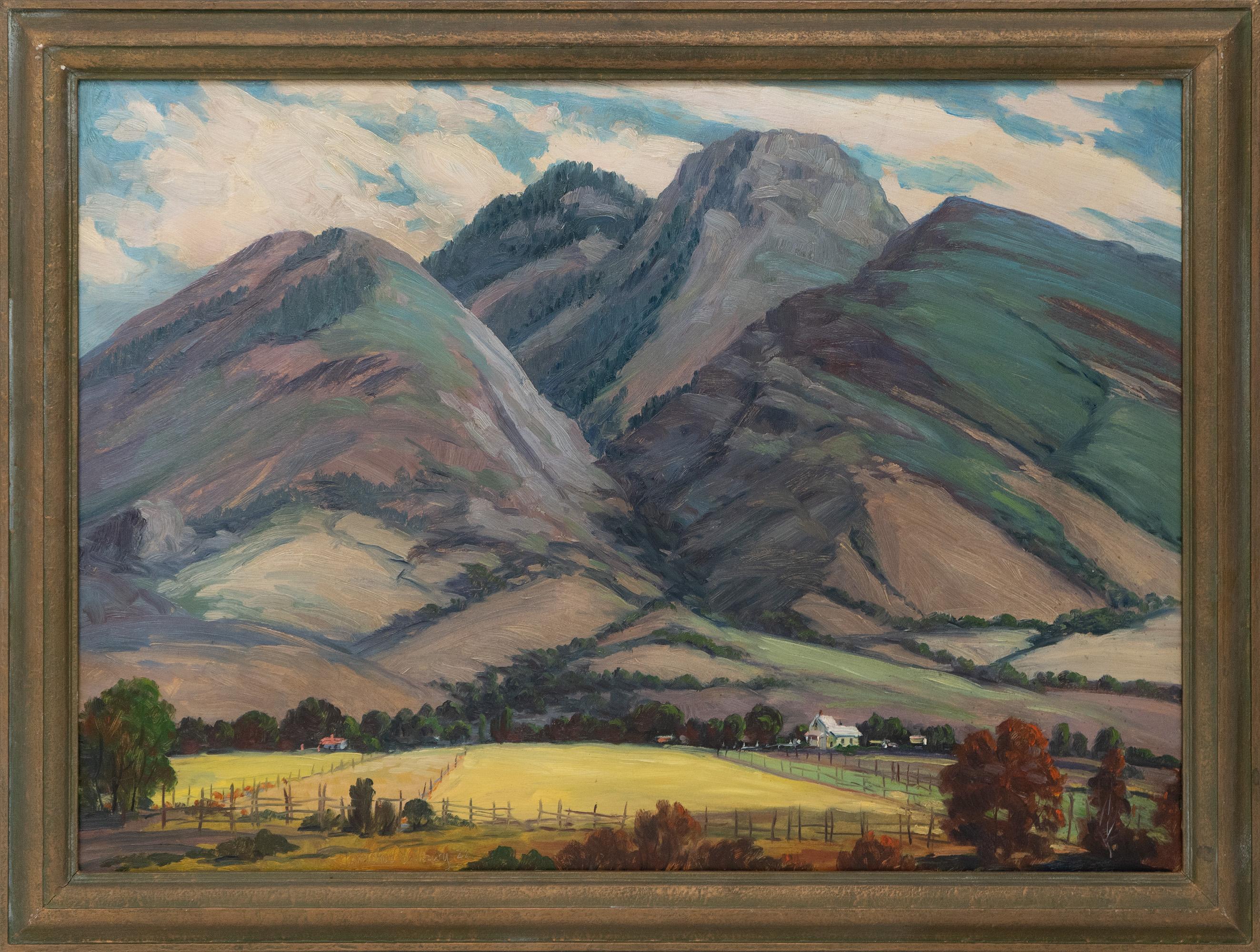 Fields and Mountains - Gray Landscape Painting by Cornelius Salisbury
