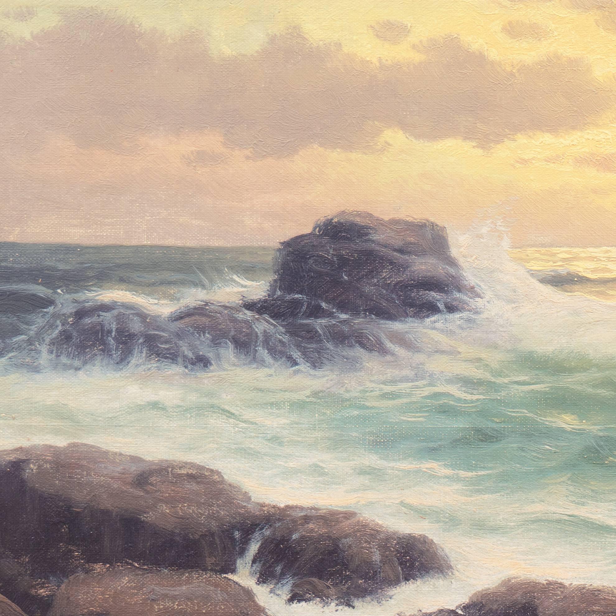 'Pacific Breakers at Sunset', Mid-century Coastal Oil - Beige Landscape Painting by Cornelius Schipper
