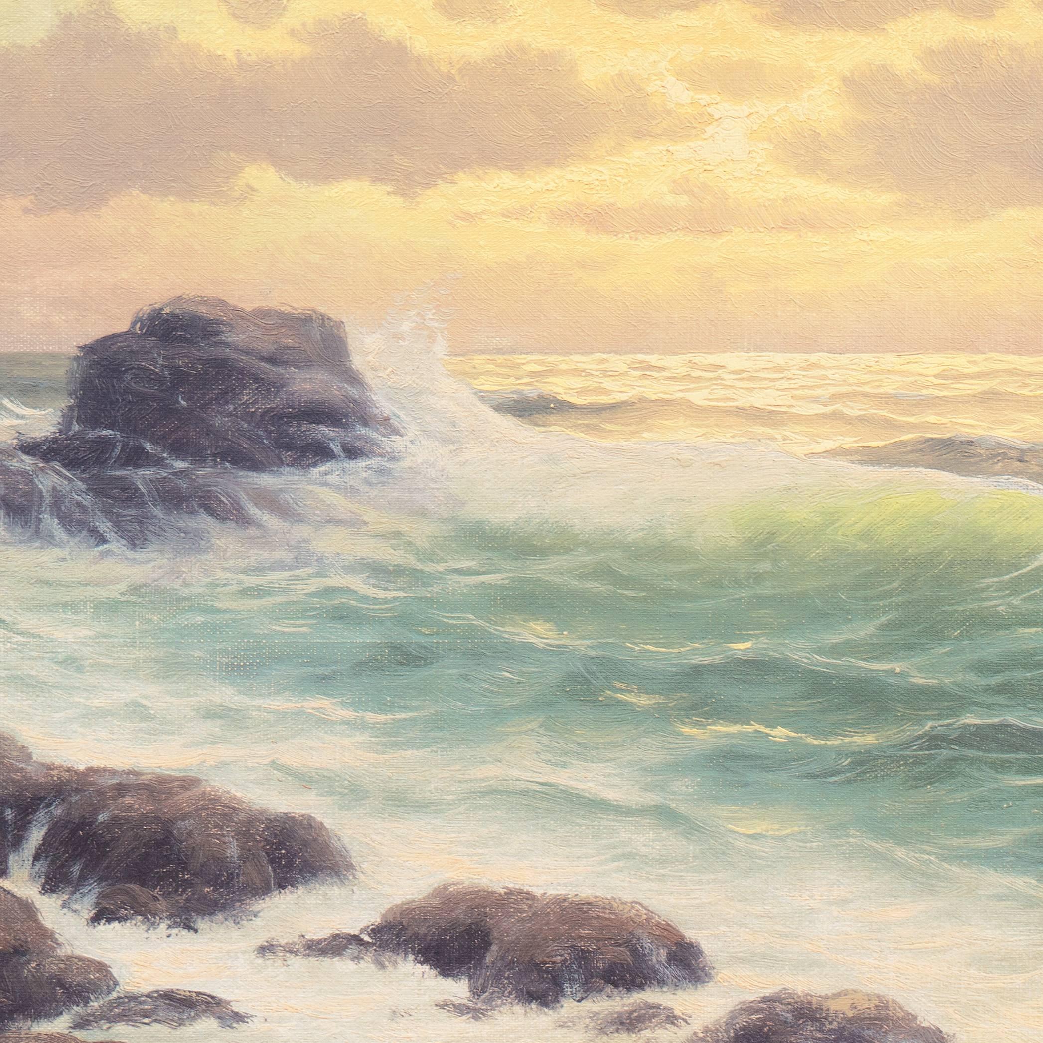 A dramatic oil seascape showing a view of translucent, gray-green waves rolling in towards a rocky coastline, with the first light of the day showing golden through dark clouds overhead.

Signed lower right, 