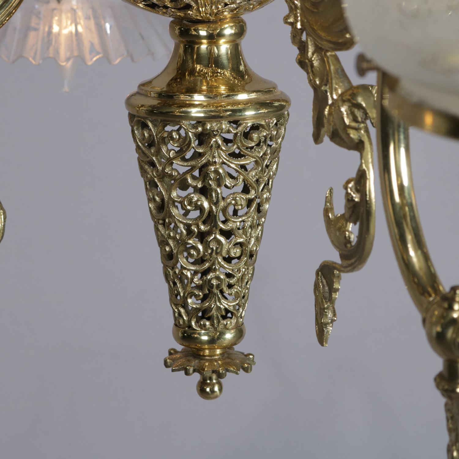 American Cornelius School Gilt and Pierced White Metal Up and Down Six-Light Chandelier