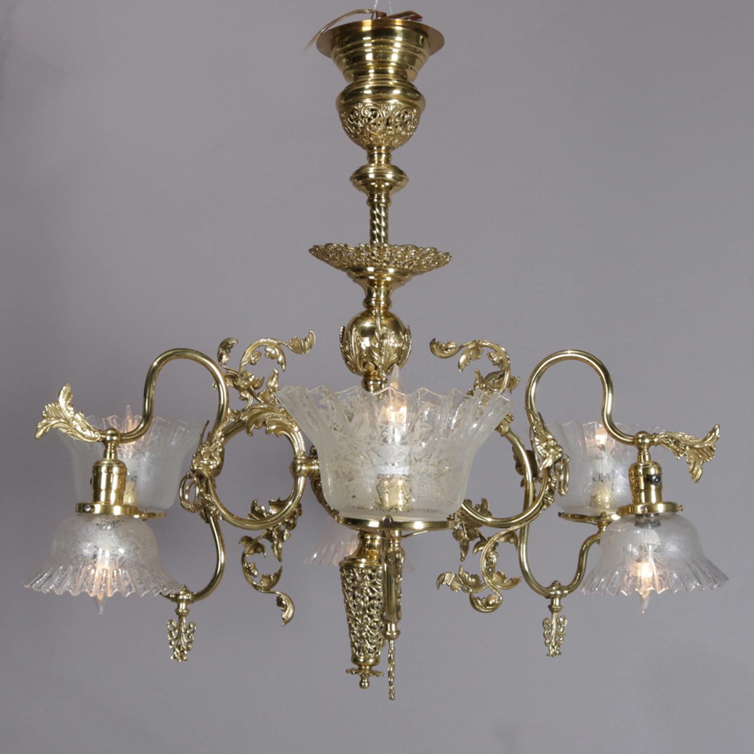 Cornelius School Gilt and Pierced White Metal Up and Down Six-Light Chandelier In Good Condition In Big Flats, NY