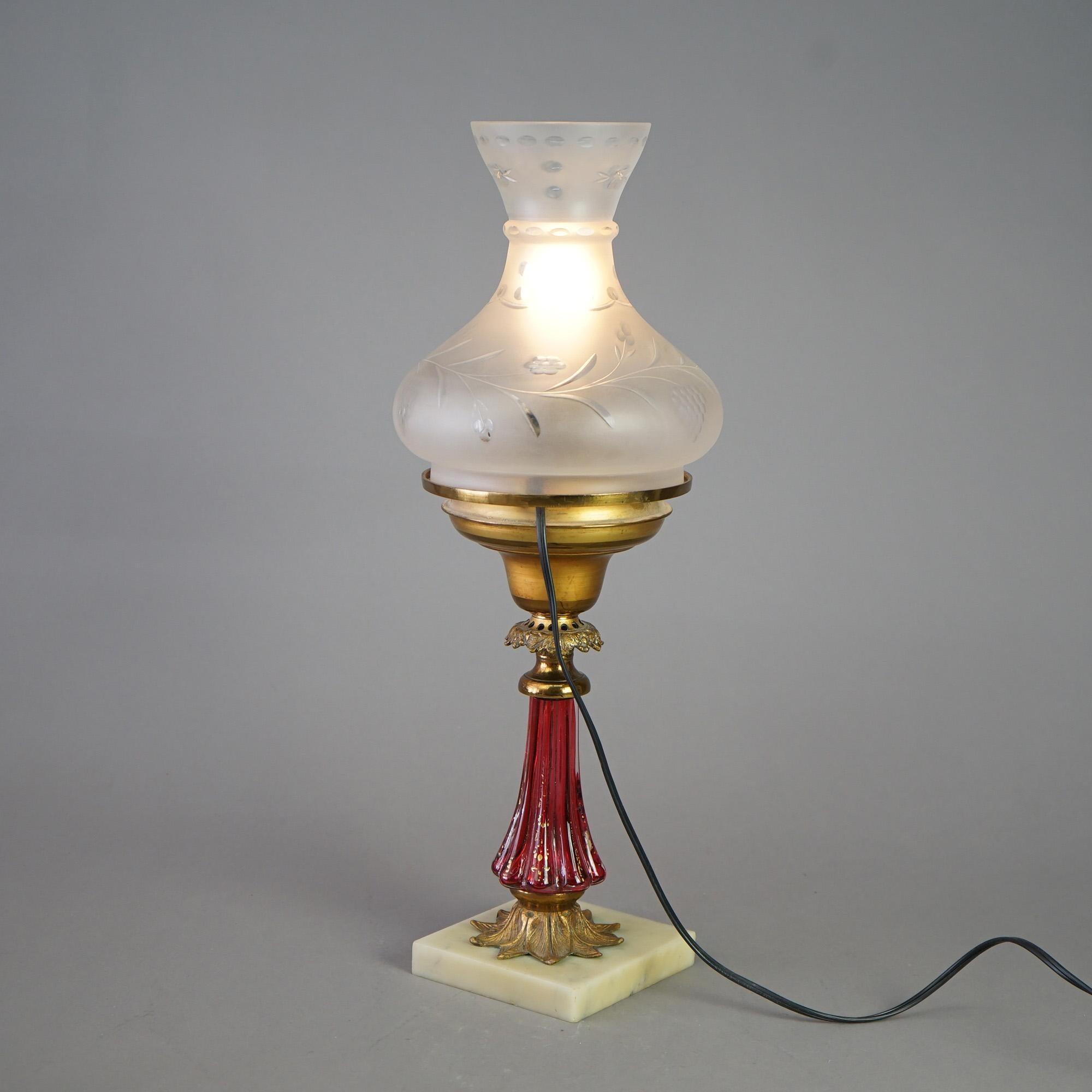 American Cornelius School Gilt Brass & Cranberry Glass Solar Lamp & Cut Back Shade C1850 For Sale
