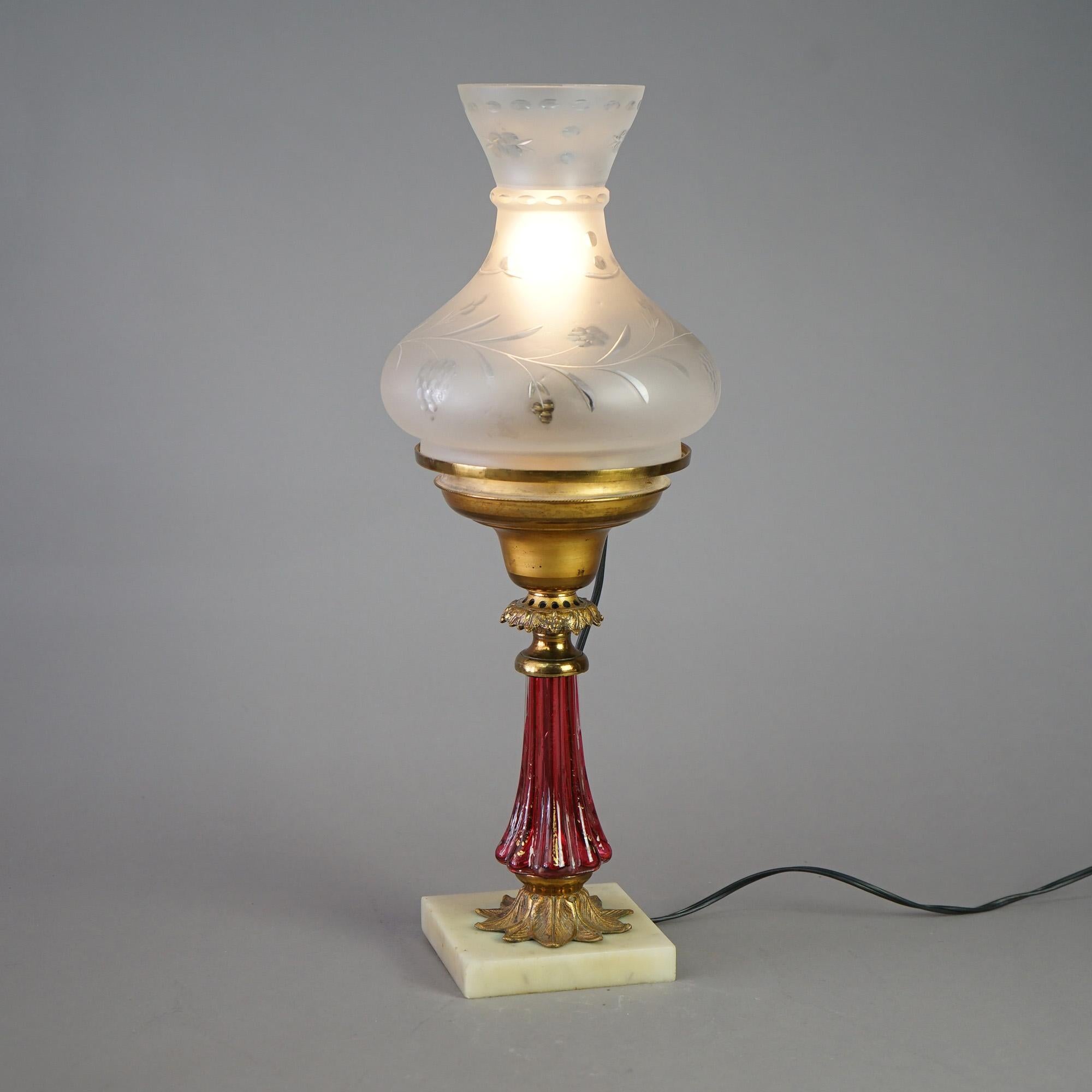 Cornelius School Gilt Brass & Cranberry Glass Solar Lamp & Cut Back Shade C1850 In Good Condition For Sale In Big Flats, NY