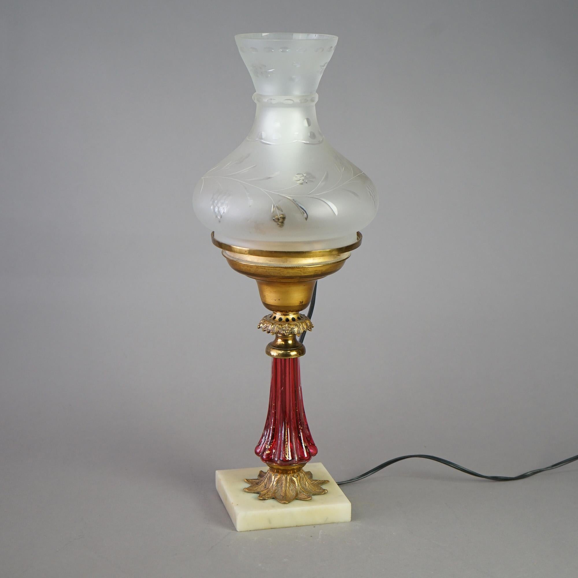 19th Century Cornelius School Gilt Brass & Cranberry Glass Solar Lamp & Cut Back Shade C1850 For Sale
