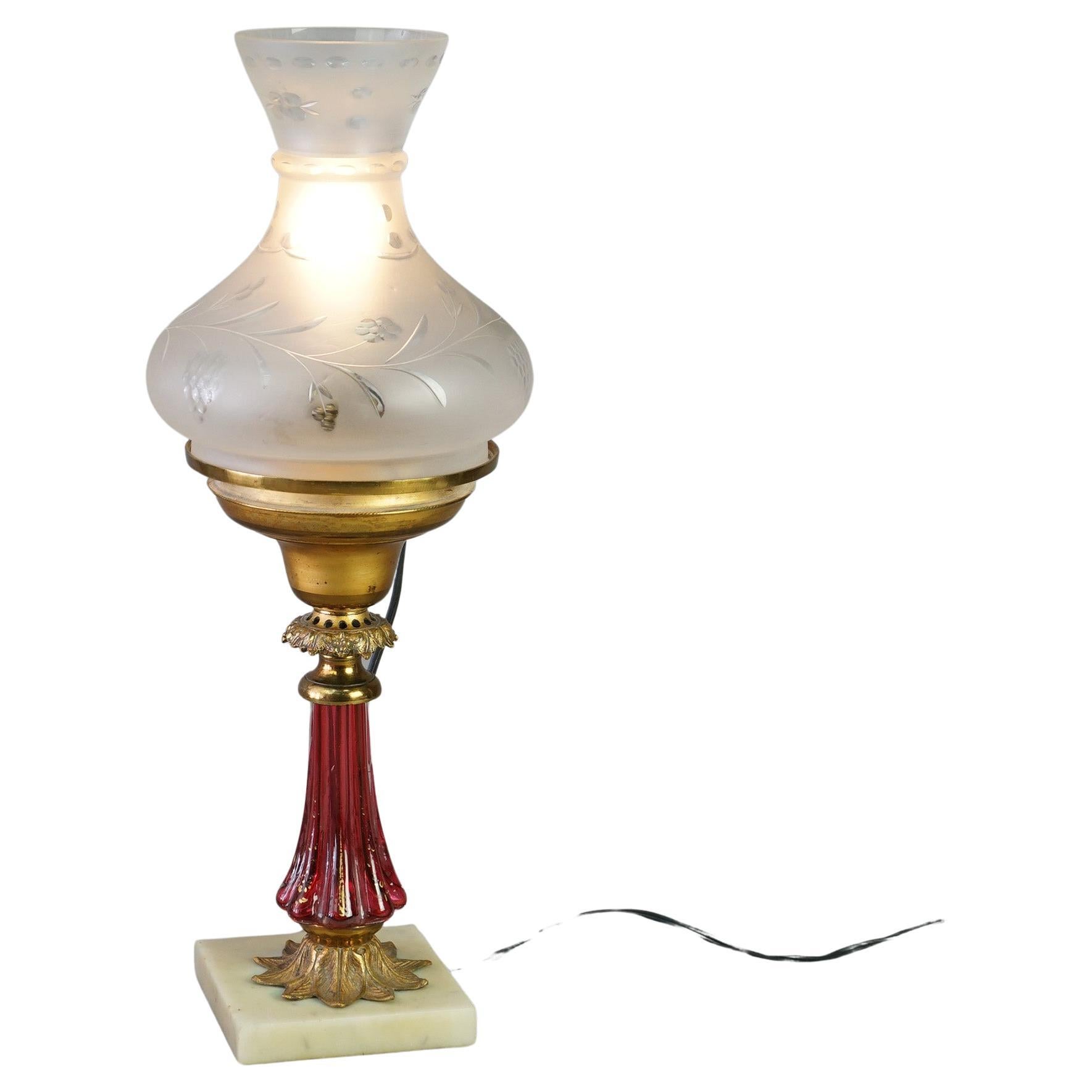 Cornelius School Gilt Brass & Cranberry Glass Solar Lamp & Cut Back Shade C1850 For Sale