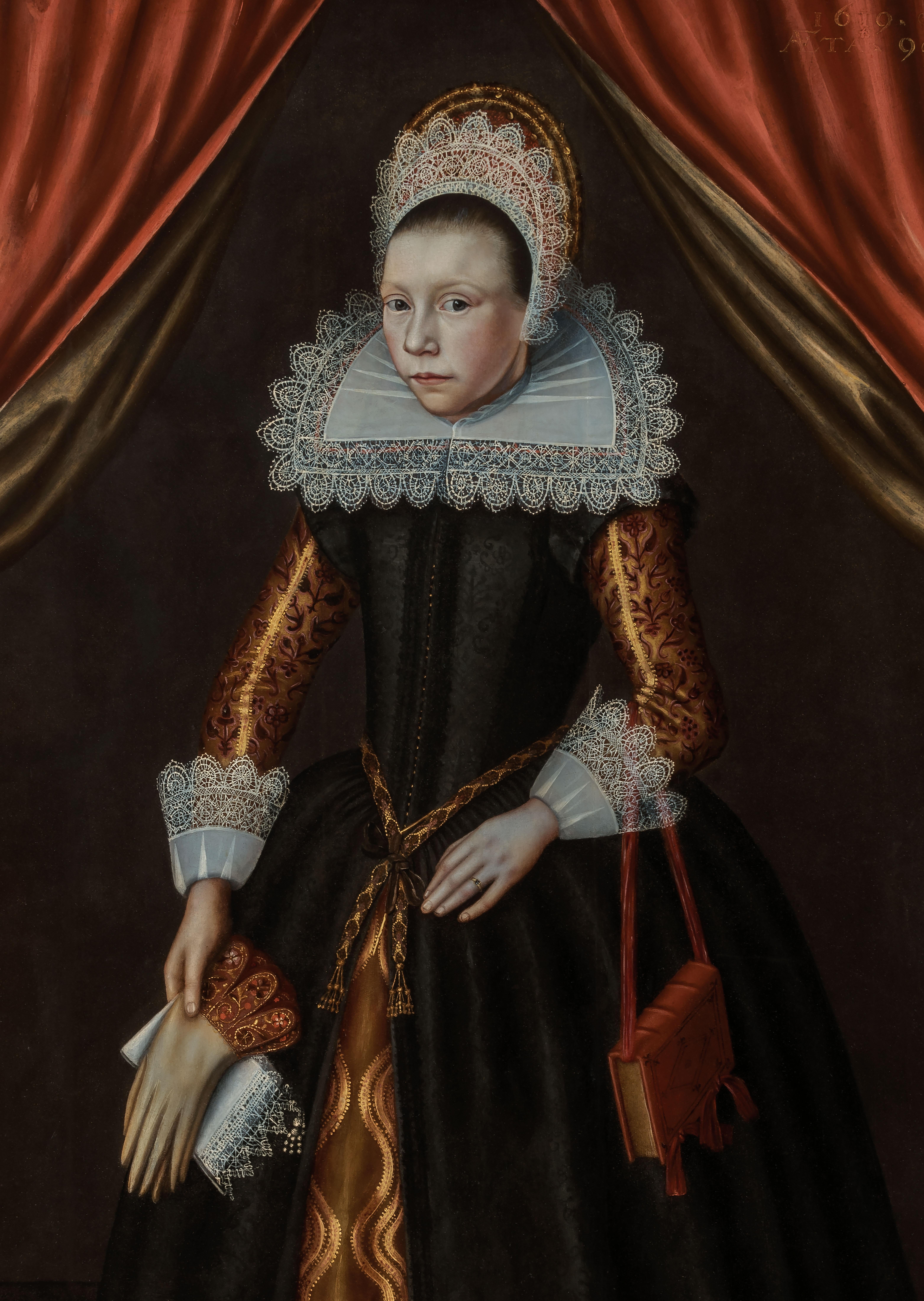 Portrait of a Noble Young Girl, aged 9, in a black dress with lace ruff and cuffs, Dated 1619 
Circle of Cornelis van der Voort (1576- 1624)
Oil on cradled panel

Presented by Titan Fine Art, this exquisite full-length portrait depicts a young lady