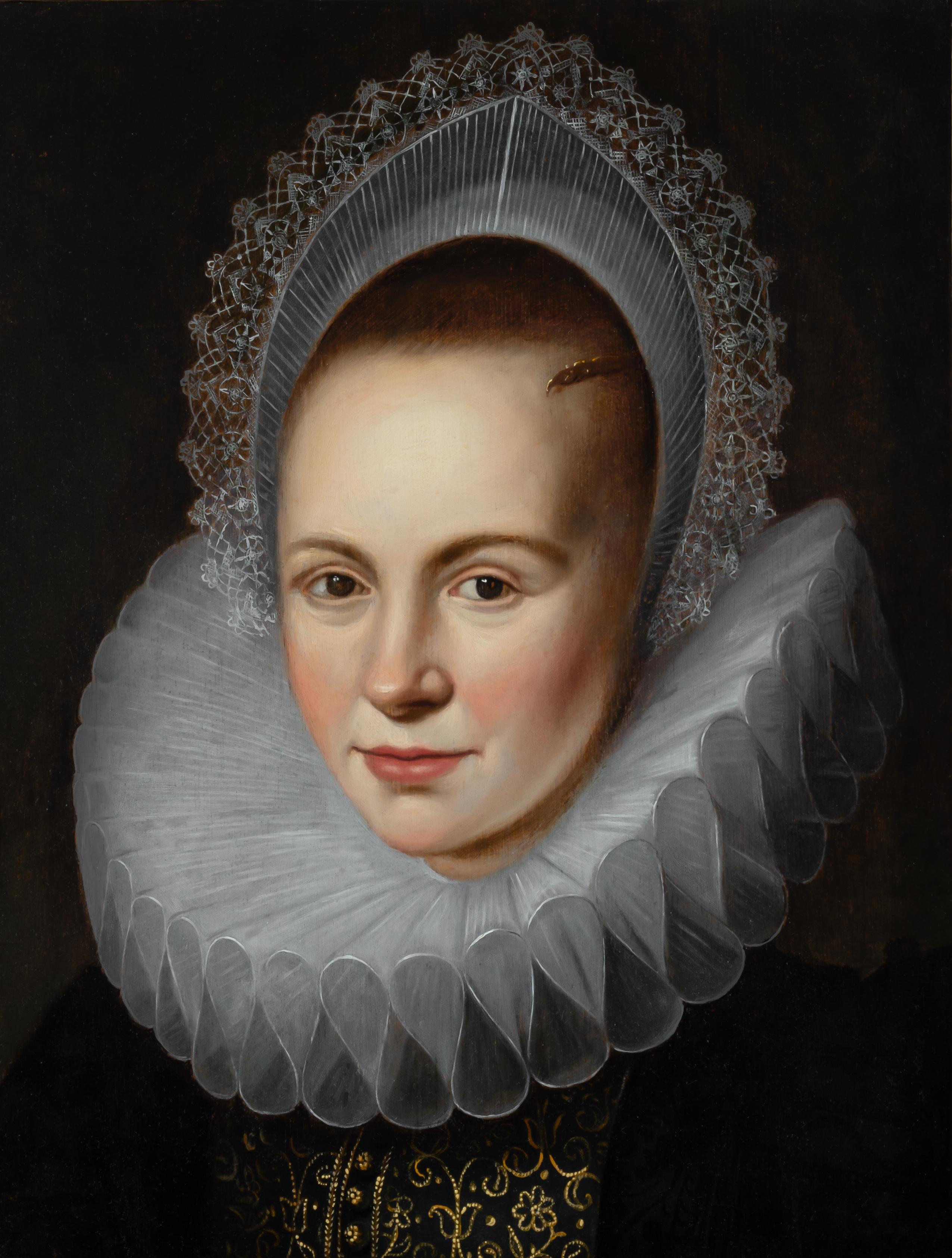 Retrato de una dama con ruff elaborado y coiff blanco c.1616, Óleo sobre tabla - Portrait Painting Negro de Cornelius van der Voort
