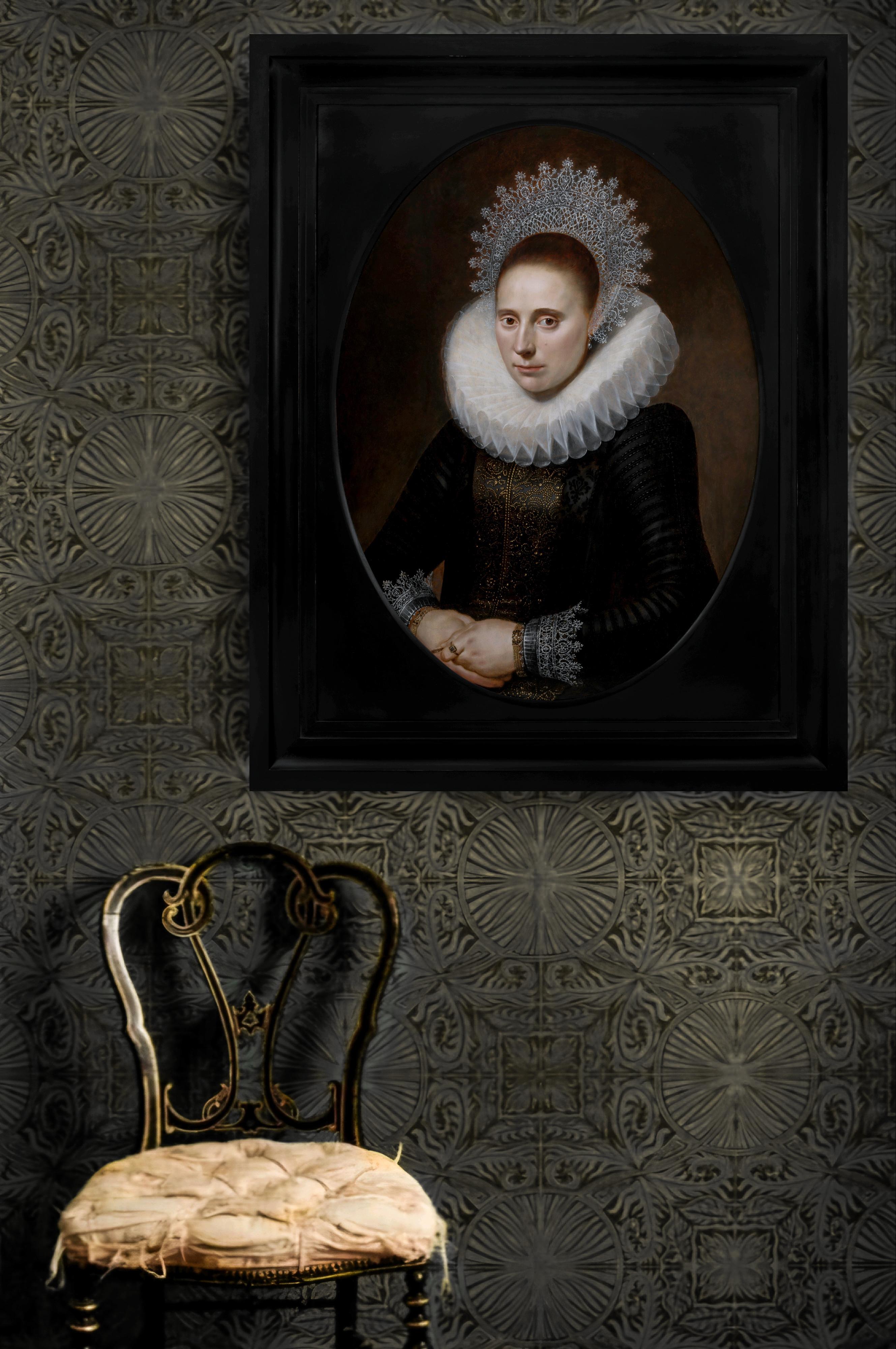 Porträt einer Dame in einem aufwändigen Rüschen- und Spitzenadelkopf von 1610-20, niederländischer alter Meister – Painting von Cornelius van der Voort