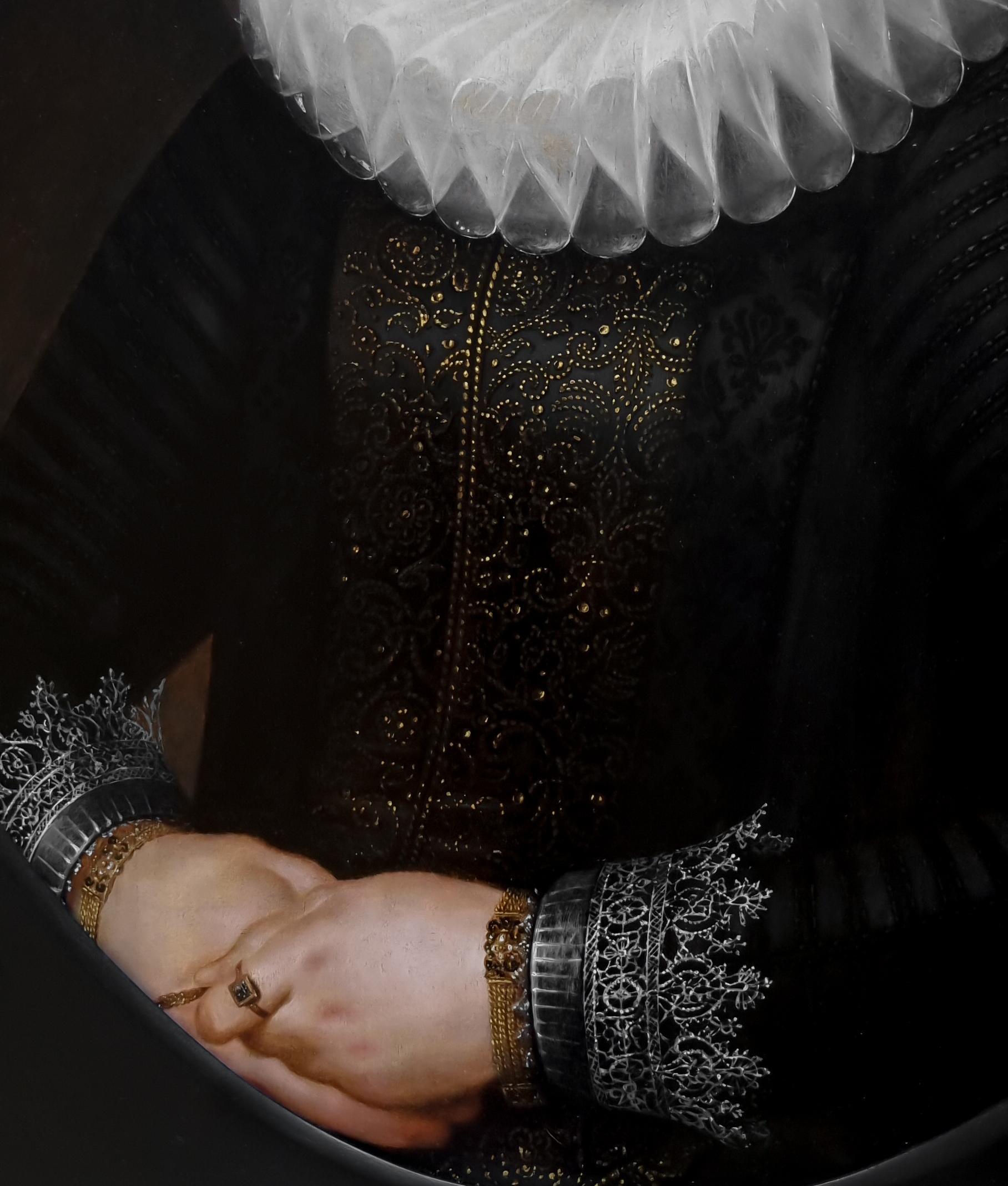 Porträt einer Dame in einem aufwändigen Rüschen- und Spitzenadelkopf von 1610-20, niederländischer alter Meister (Schwarz), Portrait Painting, von Cornelius van der Voort