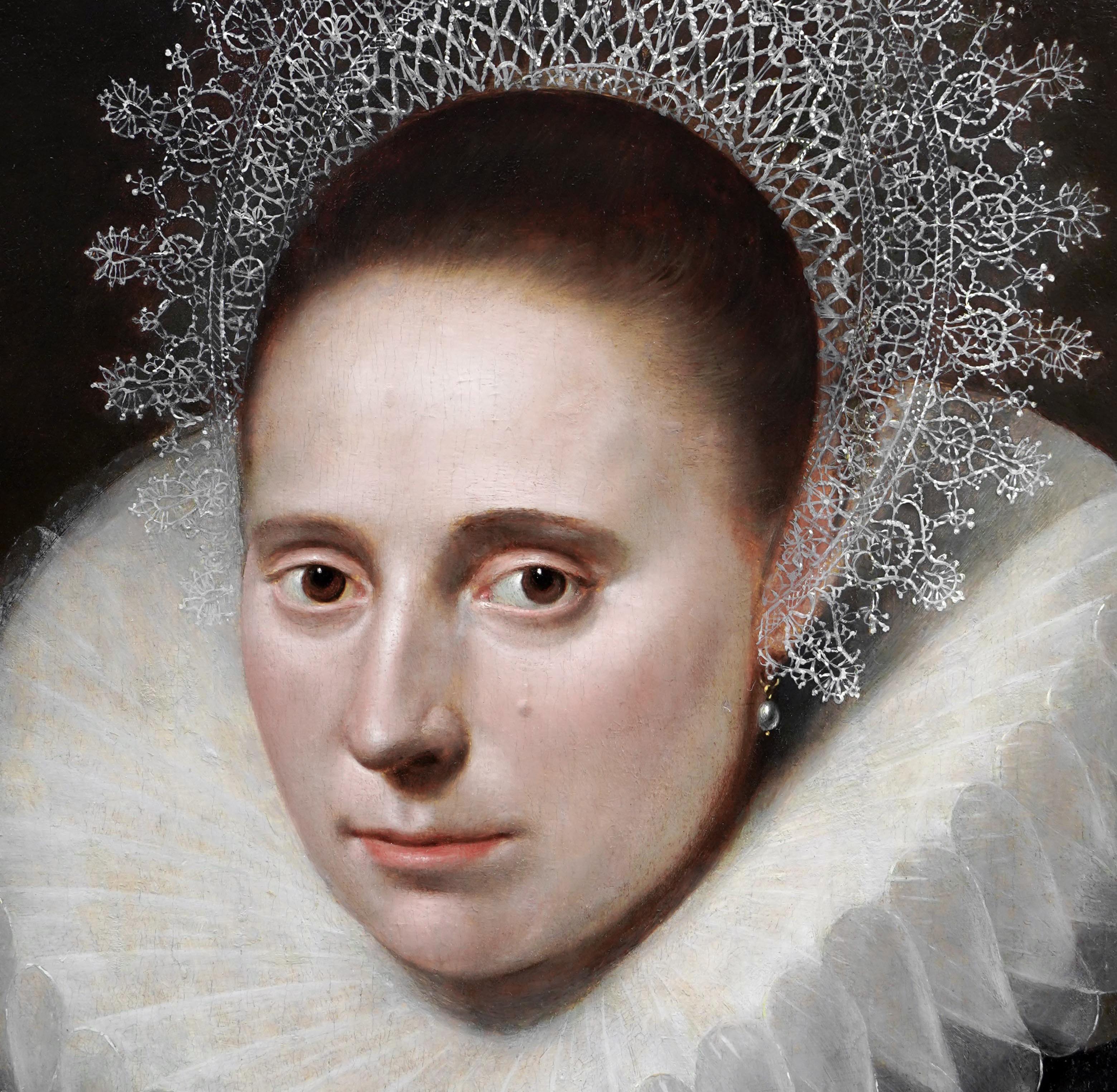 Portrait of a Lady in an Elaborate Ruff & Lace Coif c.1610-20, Dutch Old Master For Sale 4