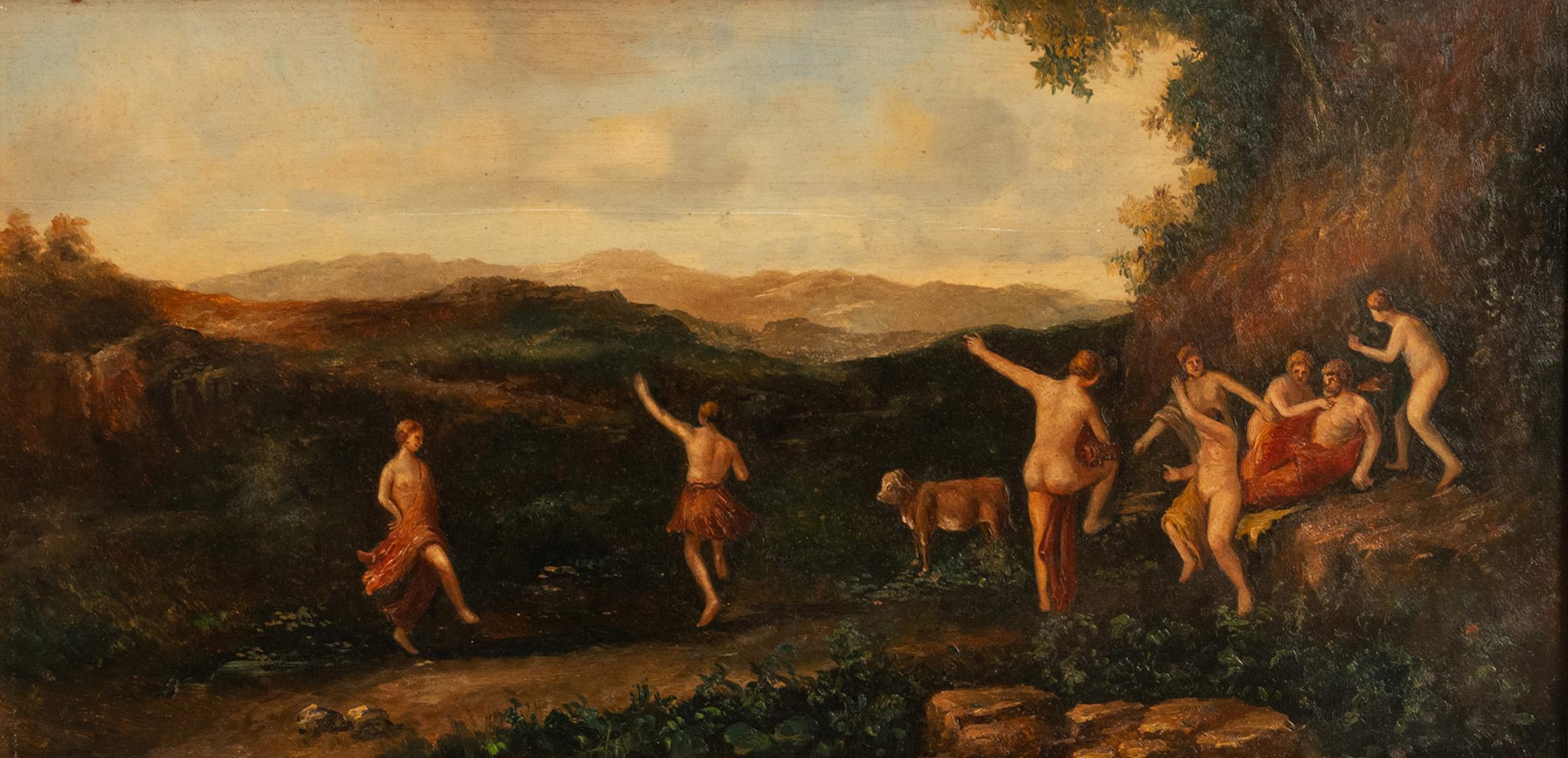 A good antique Dutch/Flemish oil on panel painting, after Cornelis van Poelenburgh, circa 1850.
The painting portrays a number of nude and partially robed nymphs dancing in a bucolic landscape, with a cow to the foreground on the painting.  
The