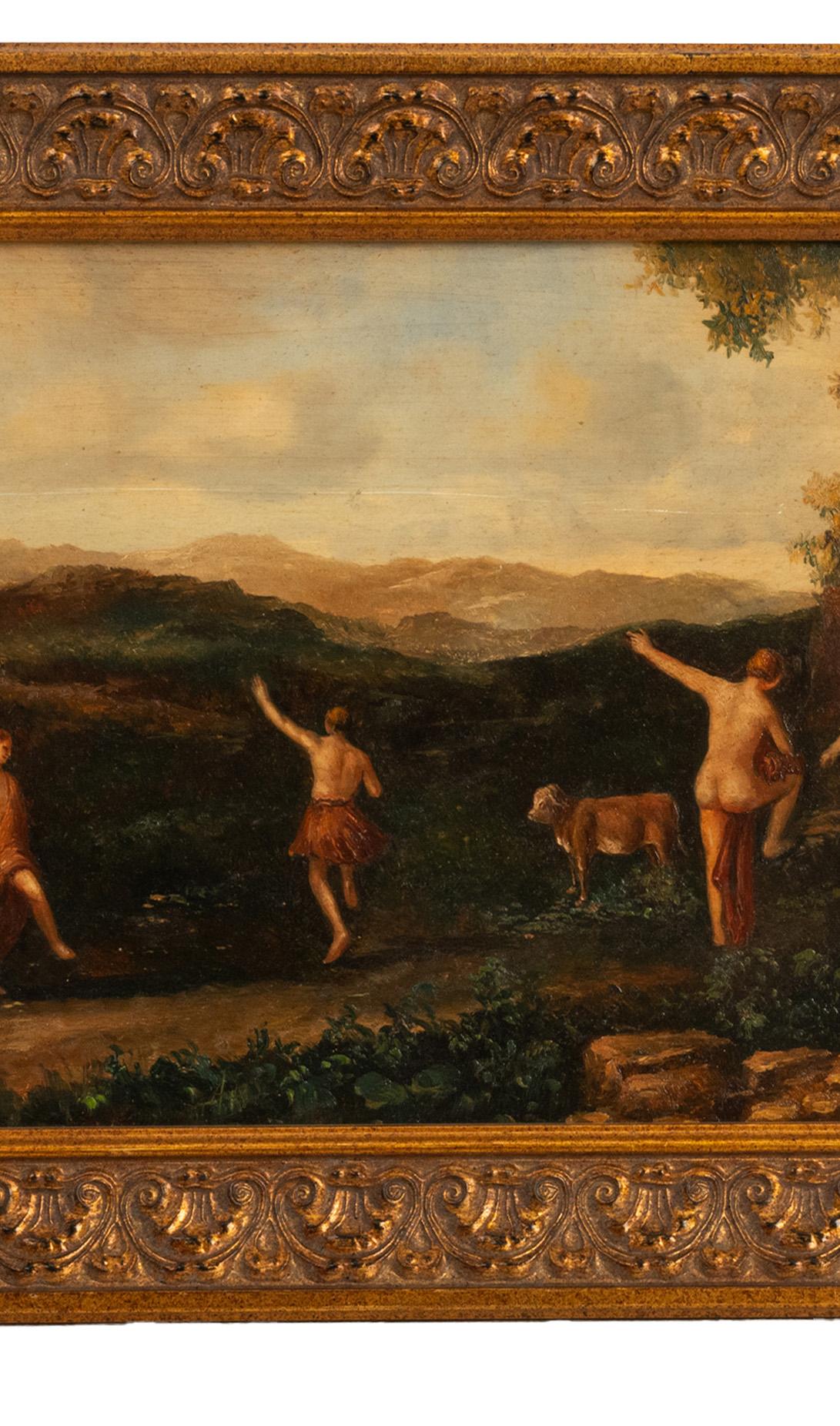 Ein gutes antikes holländisches/flämisches Ölgemälde auf Tafel, nach Cornelis van Poelenburgh, um 1850.
Das Gemälde zeigt eine Reihe von nackten und teilweise bekleideten Nymphen, die in einer bukolischen Landschaft tanzen, mit einer Kuh im