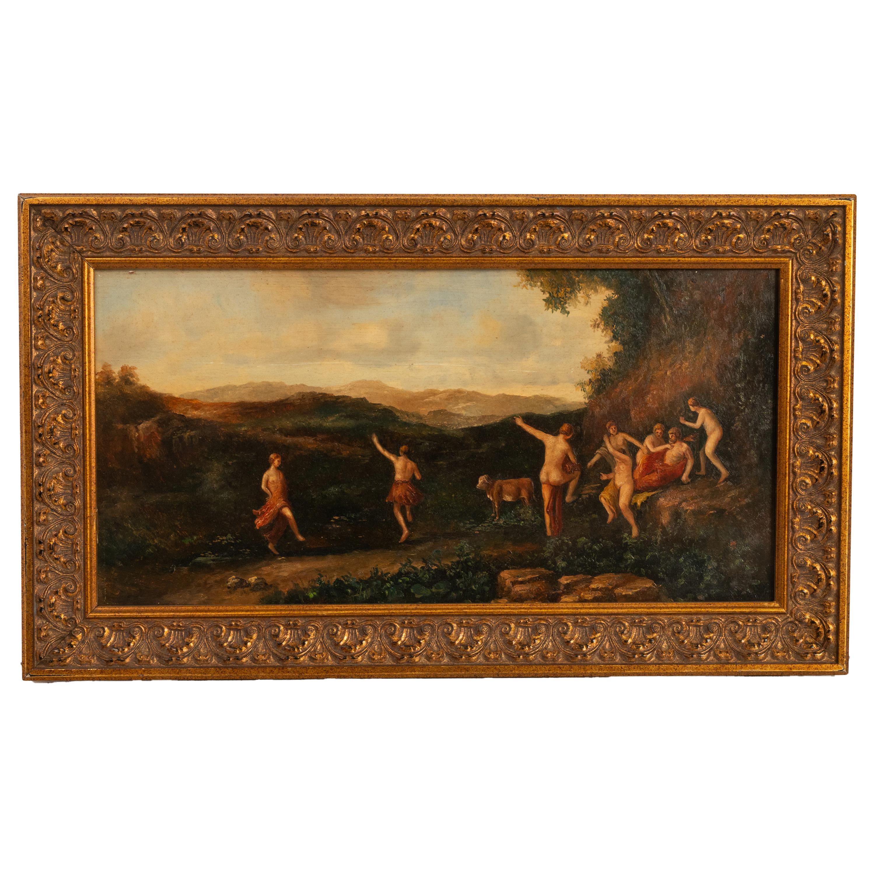 Antique 19th Century Neoclassical Bacchanal Painting Dancing of the Nymphs 1850
