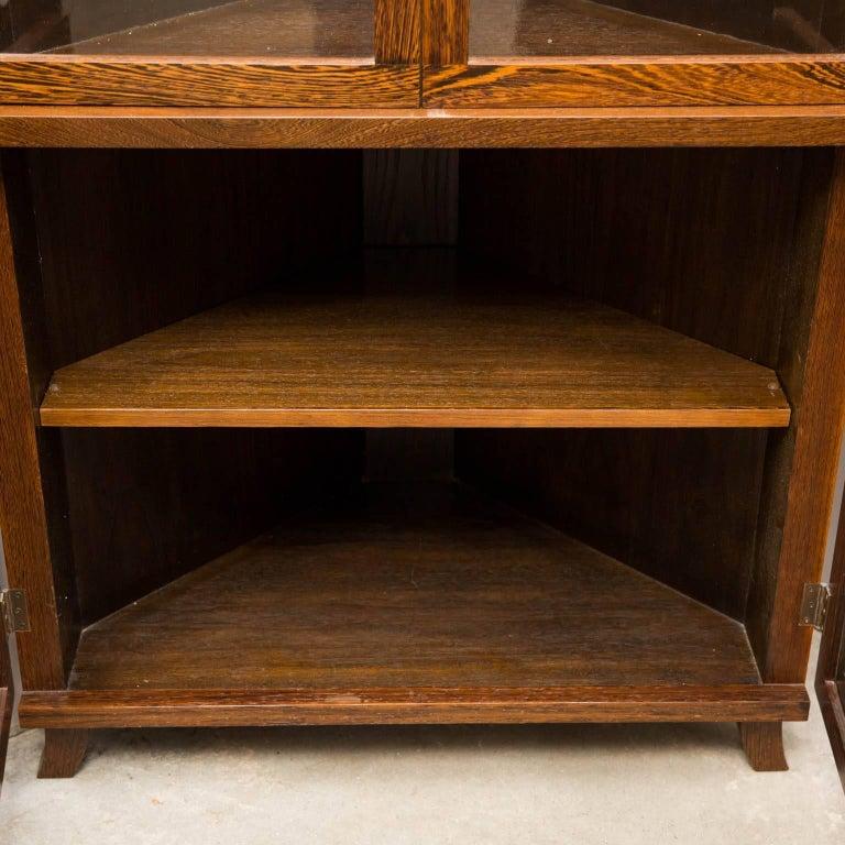 American Craftsman Corner Cabinet in Wengewood with Patinated Steel Doors For Sale