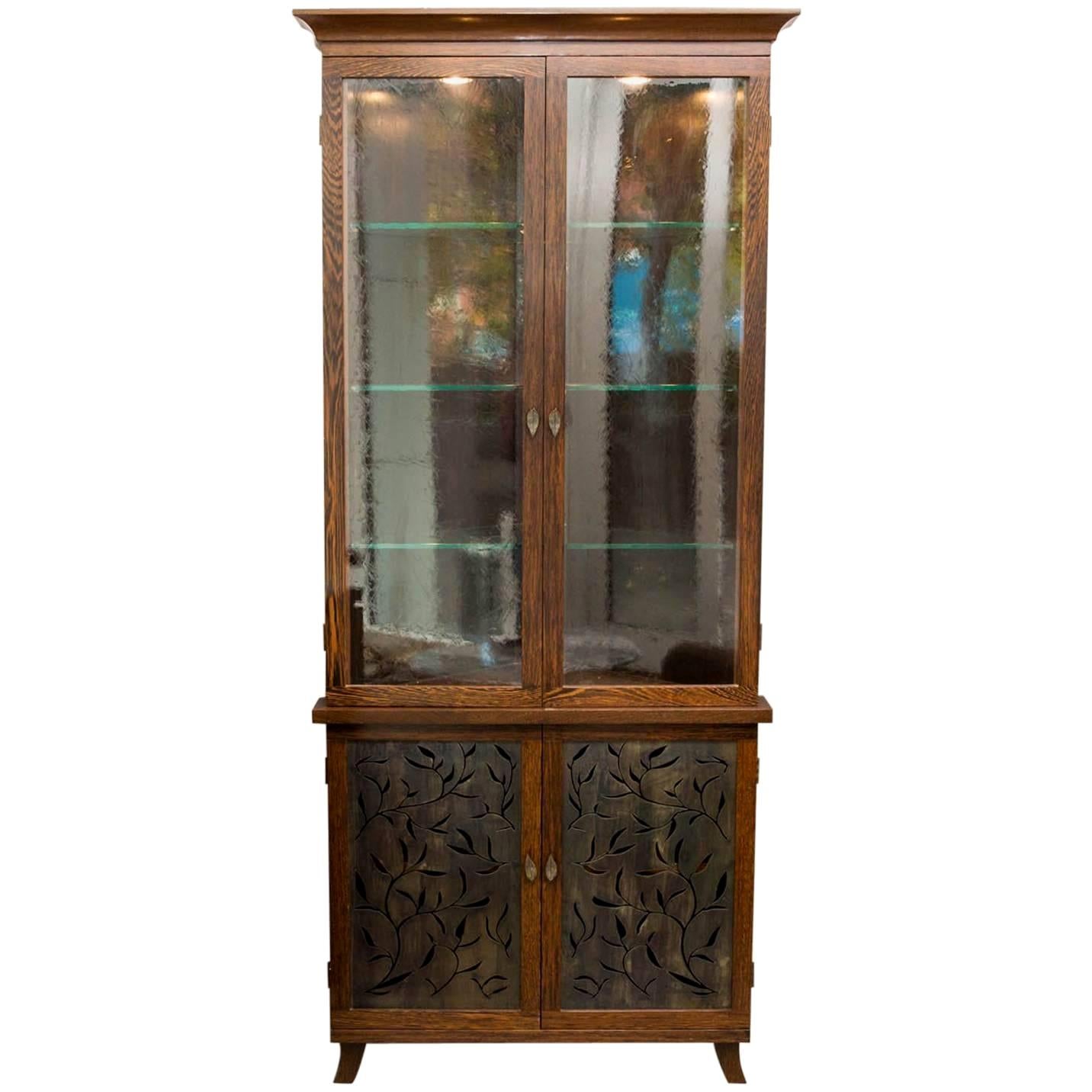 Corner Cabinet in Wengewood with Patinated Steel Doors For Sale