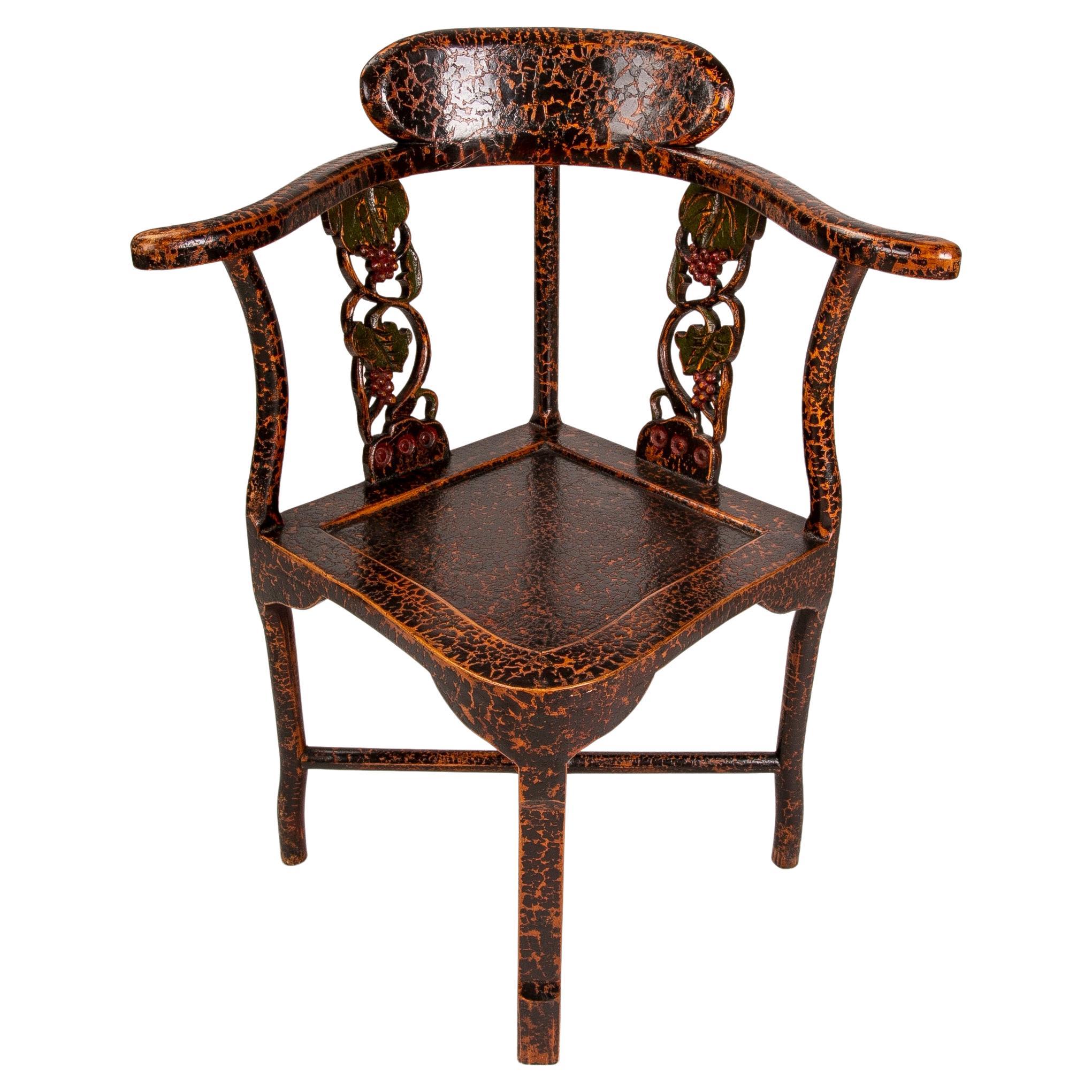 Corner Chair with Lacquered Wooden Arms and Carved Flowers on the Backrest