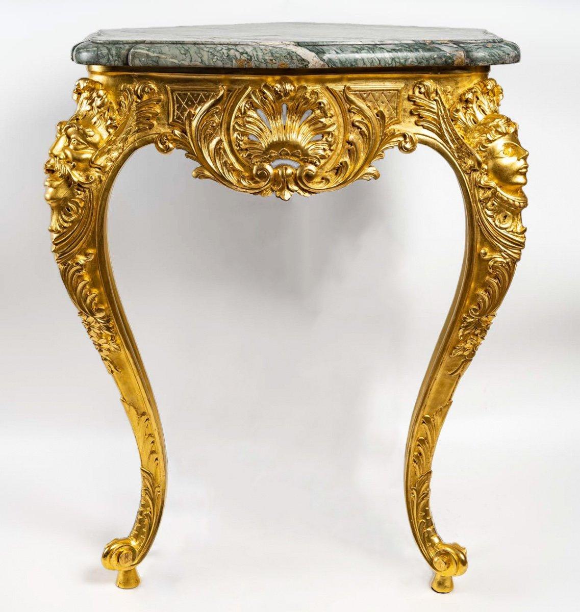 Marbre Console d'angle en bois doré avec marbre vert feuille de 24 carats des Alpes XVIIIe siècles en vente