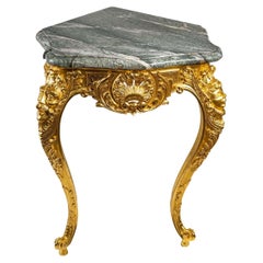 Used Corner Console-Gilded Wood with 24 Carat Leaf-Green Marble From The Alps XVIIIth