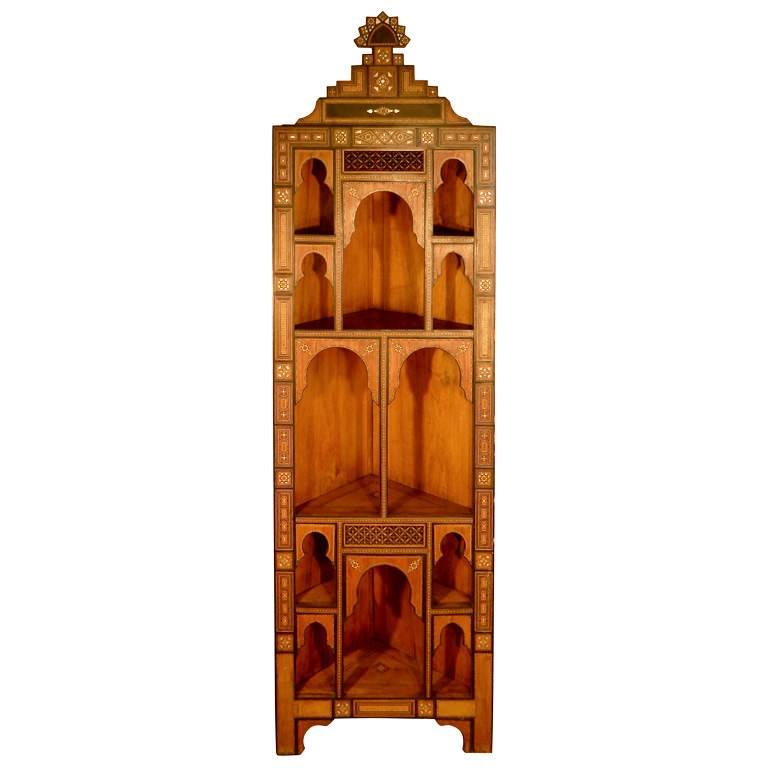 Corner Cupboard in Precious Wood Veneer, orientalist  Work, circa 1900-1930 For Sale