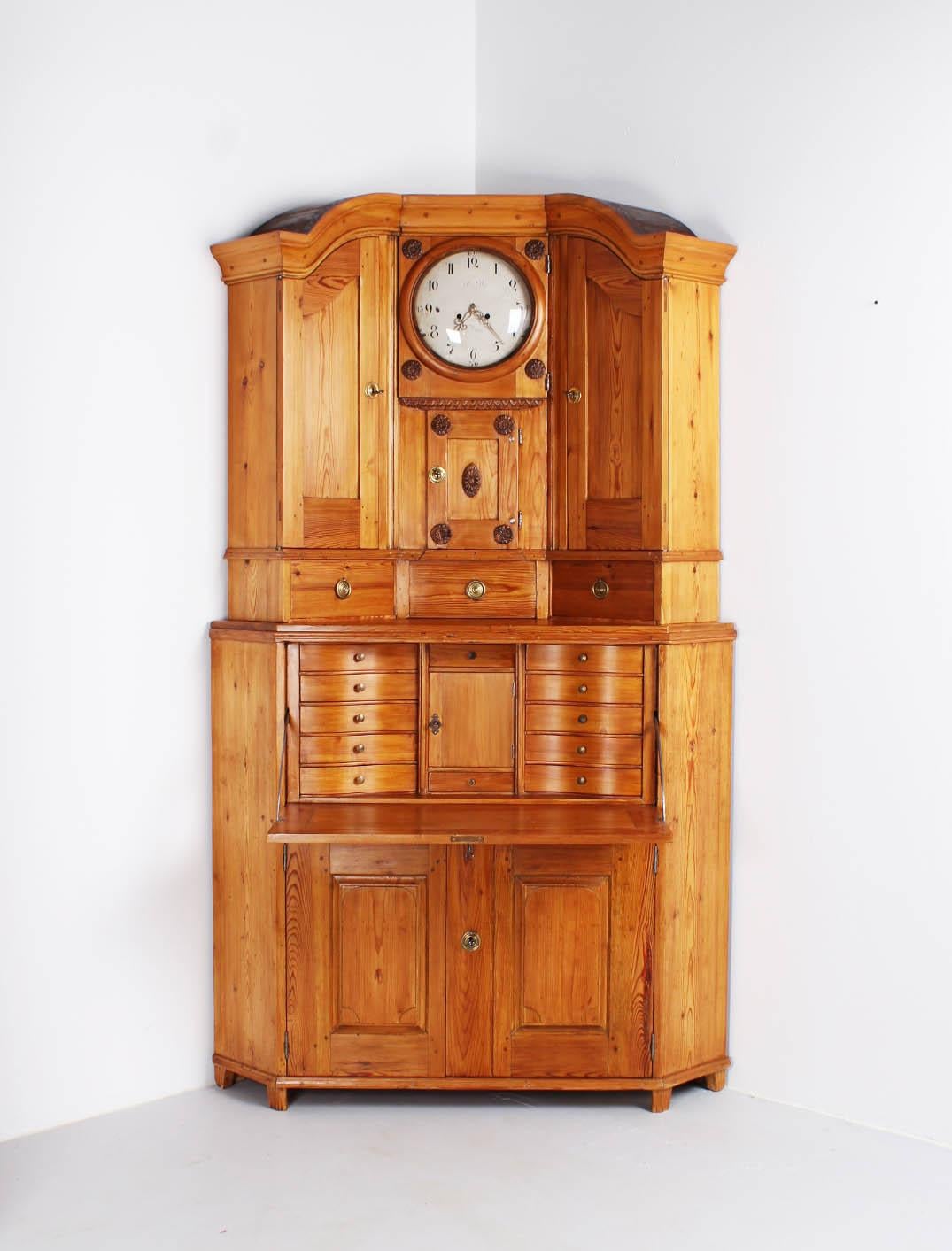 Corner Cupboard with Built in Grandfather Clock, Corner Secretaire, Sweden, 1800 1