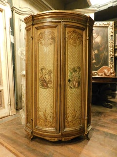 Corner cupboard, yellow lacquered and hand-painted cabinet, Italy