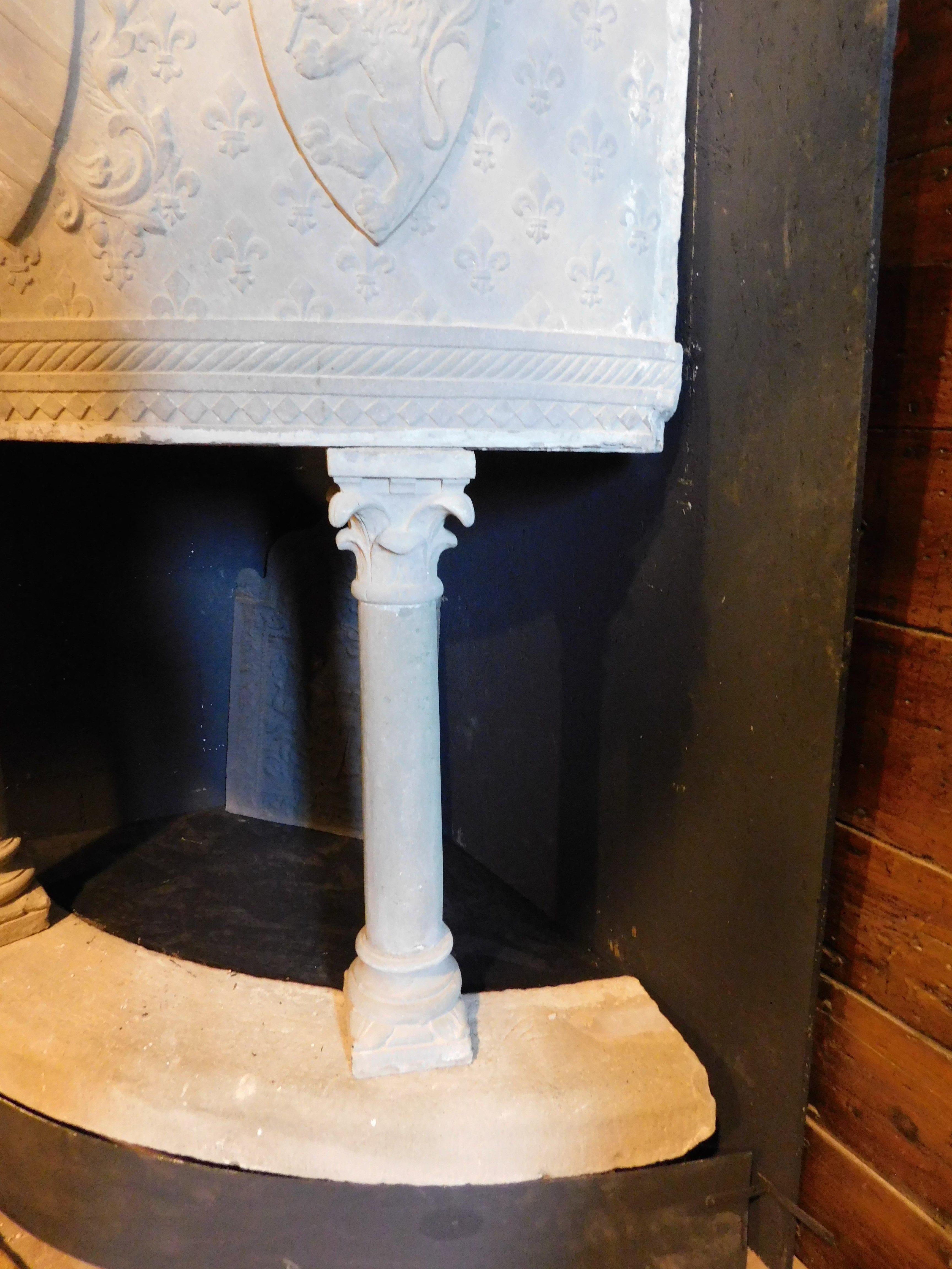 18th Century and Earlier Corner huge fireplace in Serena stone, carved with coats of arms, Tuscany For Sale