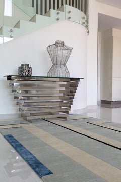 Rug Wool Modern Hand Knotted Neutral Grey Blue violet with black Lines carpet