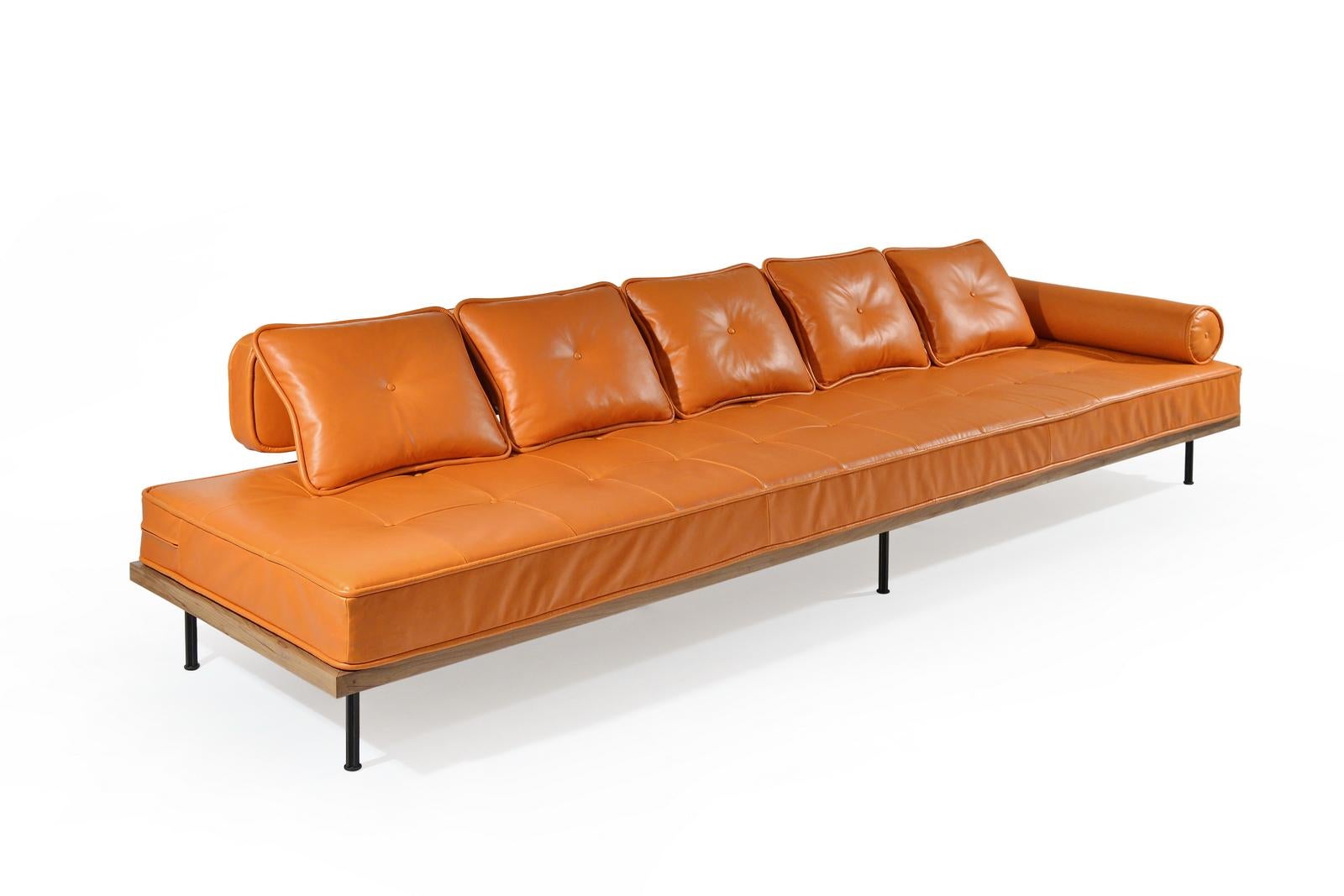 Corner Leather Sofa in Reclaimed Hardwood and Sand Cast Brass, by P. Tendercool For Sale 3
