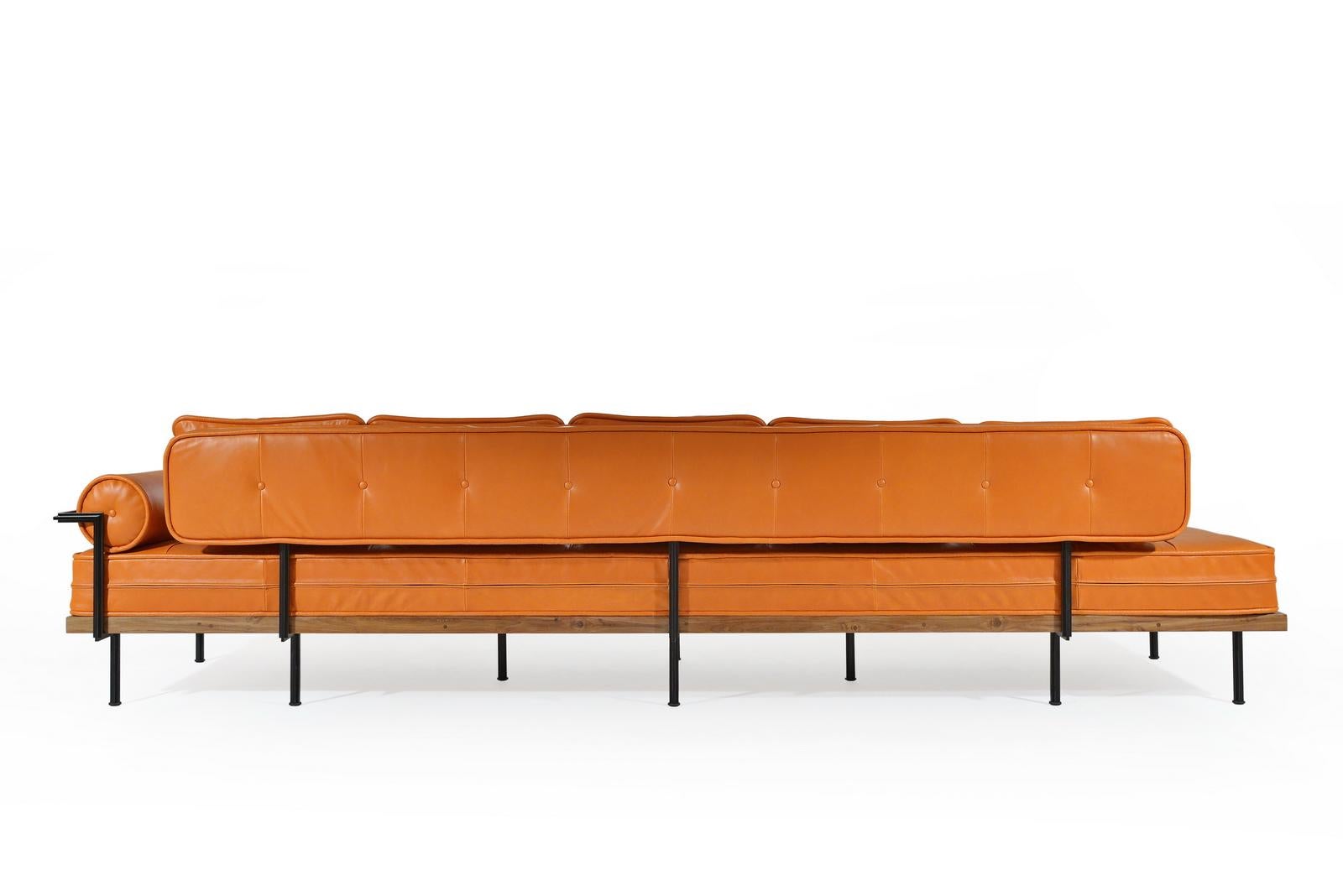 Corner Leather Sofa in Reclaimed Hardwood and Sand Cast Brass, by P. Tendercool For Sale 6